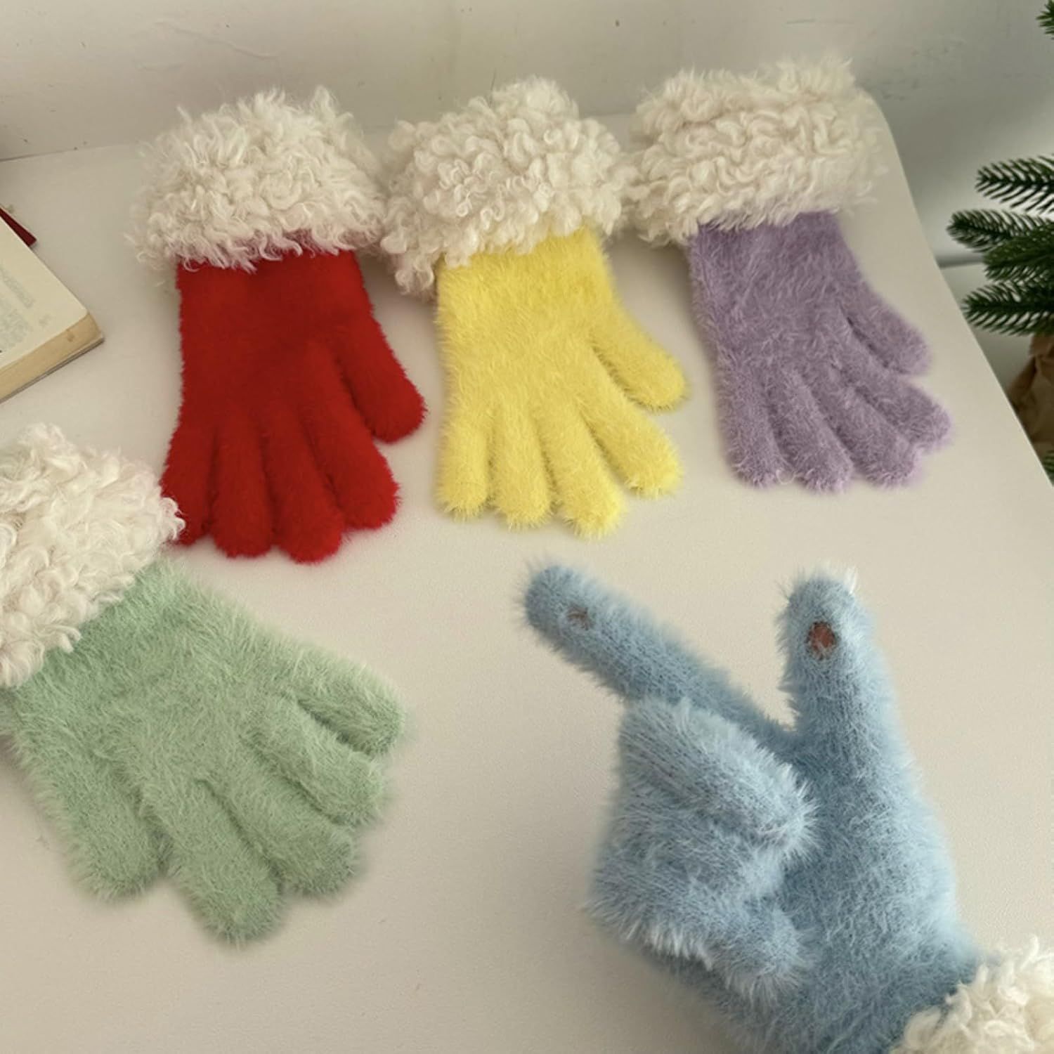 Women's Soft Plush Touch Screen Gloves, Cute Winter Warm Knitted Hand Muffs with Index Thumb Finger Holes - Image 4