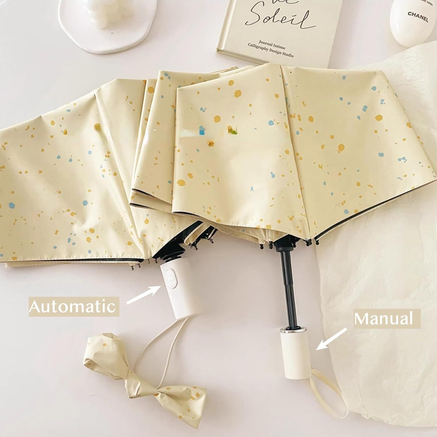 Cheesy Beige Rain & Shine Auto/Manual Foldable Umbrella for UPF 50+ UV Protection, Stylish Sun Parasol with Black Coating - Image 5