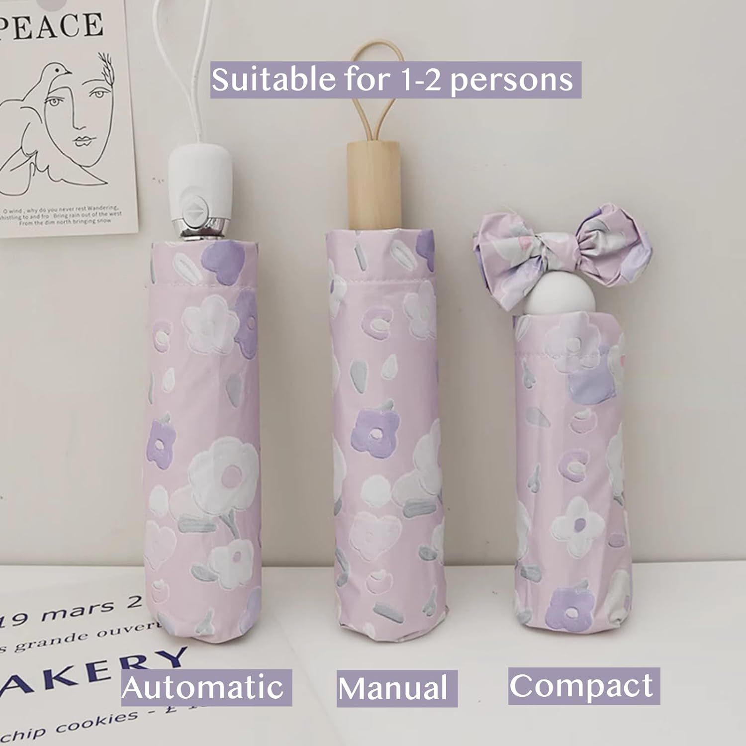 Women's Purple Floral Auto-open Sun & Rain Umbrella, UV Protection Compact Travel Umbrellas UPF 50+ with Cover Bag - Image 2