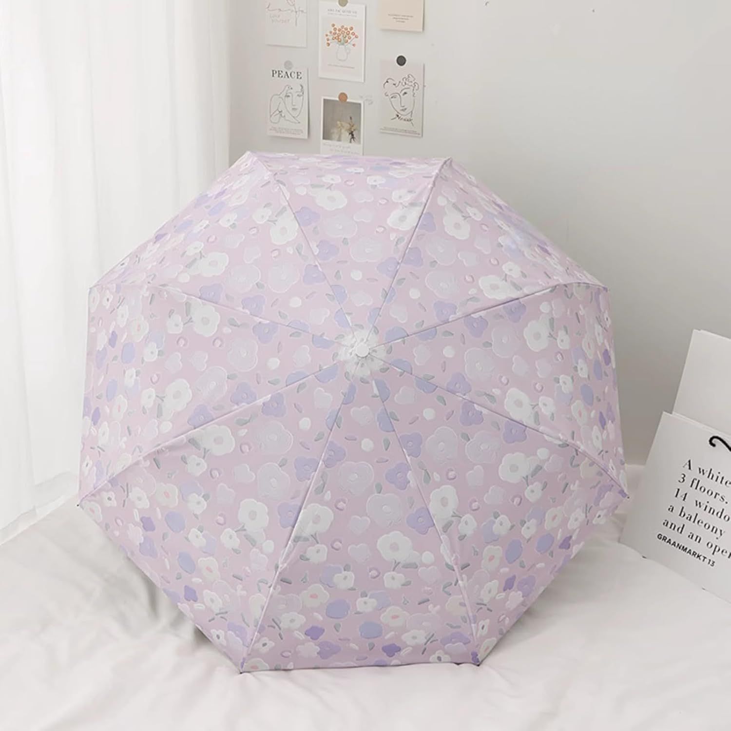 Women's Purple Floral Auto-open Sun & Rain Umbrella, UV Protection Compact Travel Umbrellas UPF 50+ with Cover Bag - Image 4