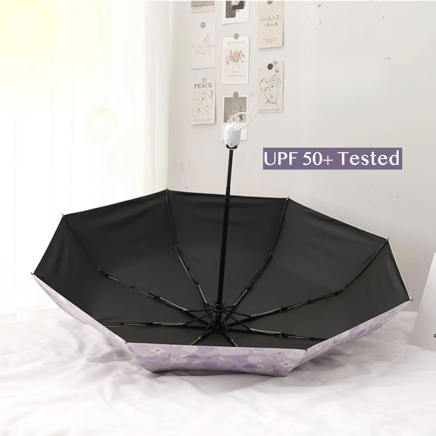 Women's Purple Floral Auto-open Sun & Rain Umbrella, UV Protection Compact Travel Umbrellas UPF 50+ with Cover Bag - Image 5
