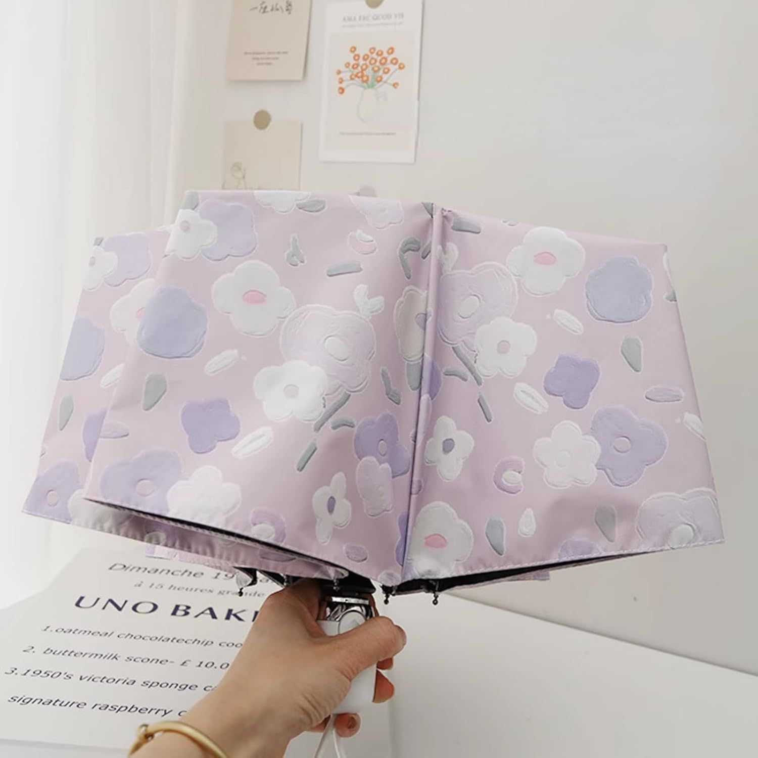 Women's Purple Floral Auto-open Sun & Rain Umbrella, UV Protection Compact Travel Umbrellas UPF 50+ with Cover Bag - Image 7