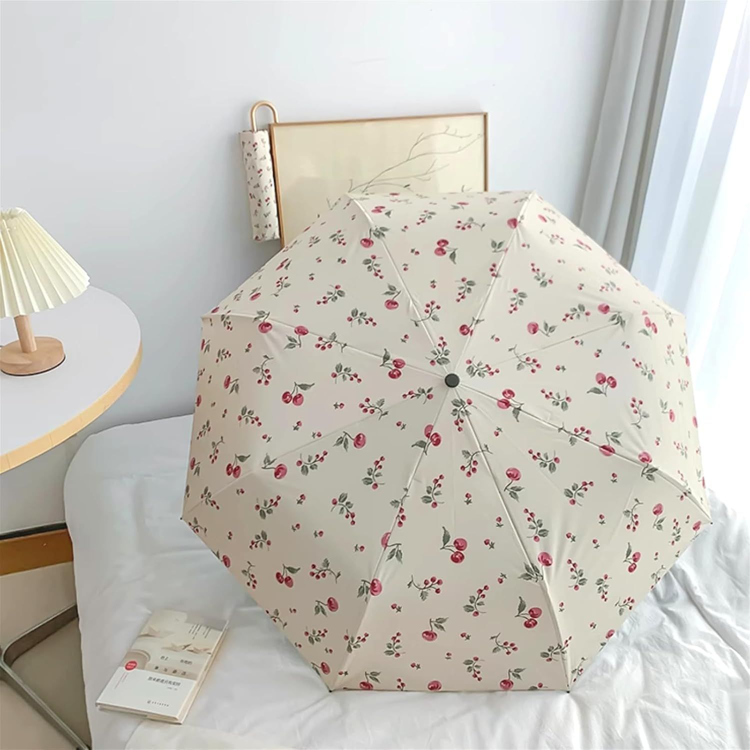 Portable Cherry Sun Umbrella with UPF50+ UV Protection, Foldable Compact Sun & Rain Travel Umbrellas with Curved Hook - Image 2