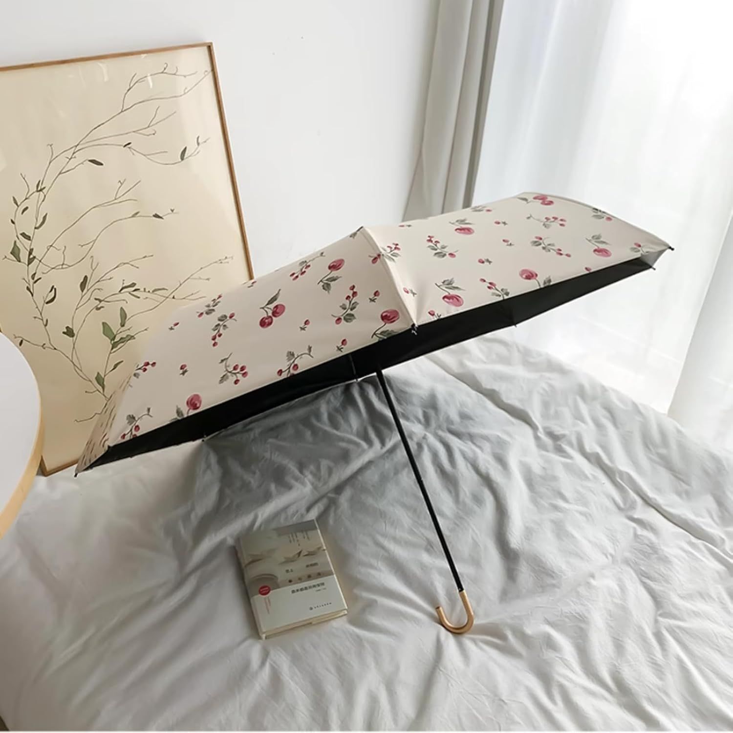 Portable Cherry Sun Umbrella with UPF50+ UV Protection, Foldable Compact Sun & Rain Travel Umbrellas with Curved Hook - Image 4