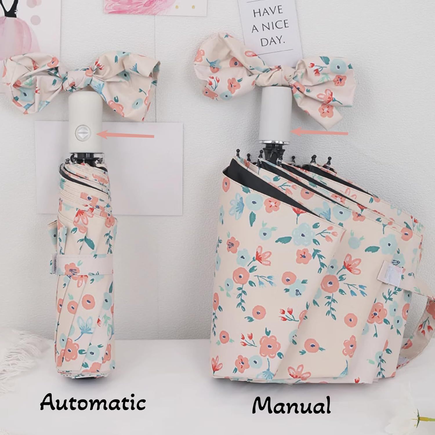 French Style Floral Foldable UV Protection Umbrella for Women, Automatic Open Close Sun & Rain Portable Mini Compact Travel Umbrellas - Image 3