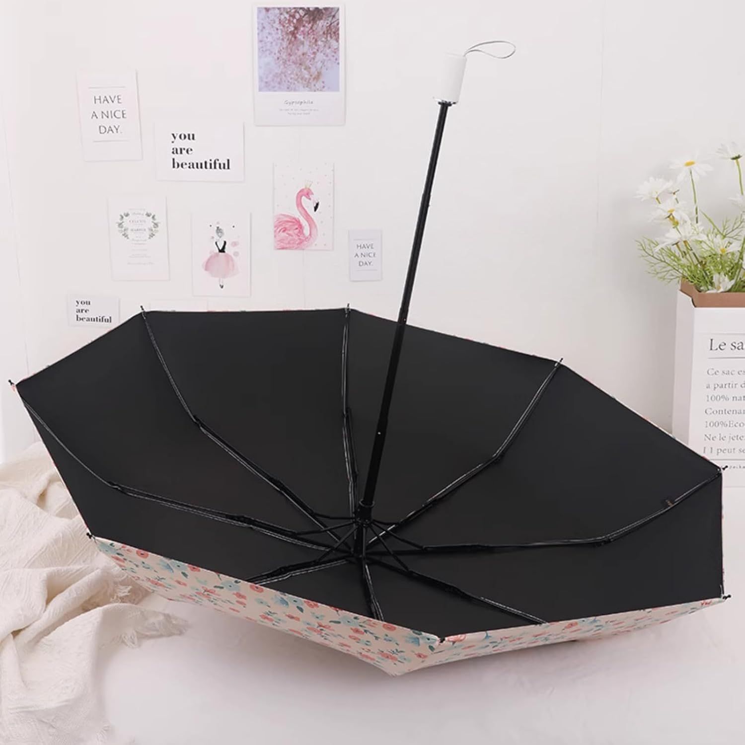 French Style Floral Foldable UV Protection Umbrella for Women, Automatic Open Close Sun & Rain Portable Mini Compact Travel Umbrellas - Image 5