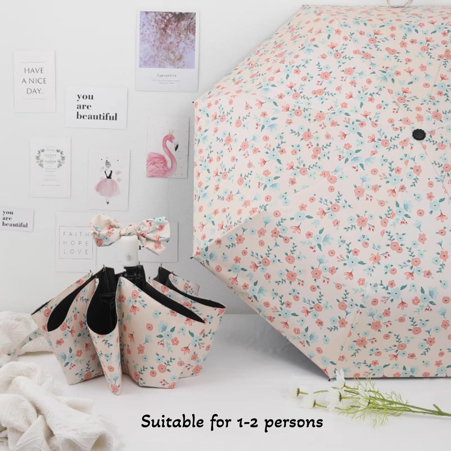 French Style Floral Foldable UV Protection Umbrella for Women, Automatic Open Close Sun & Rain Portable Mini Compact Travel Umbrellas - Image 7