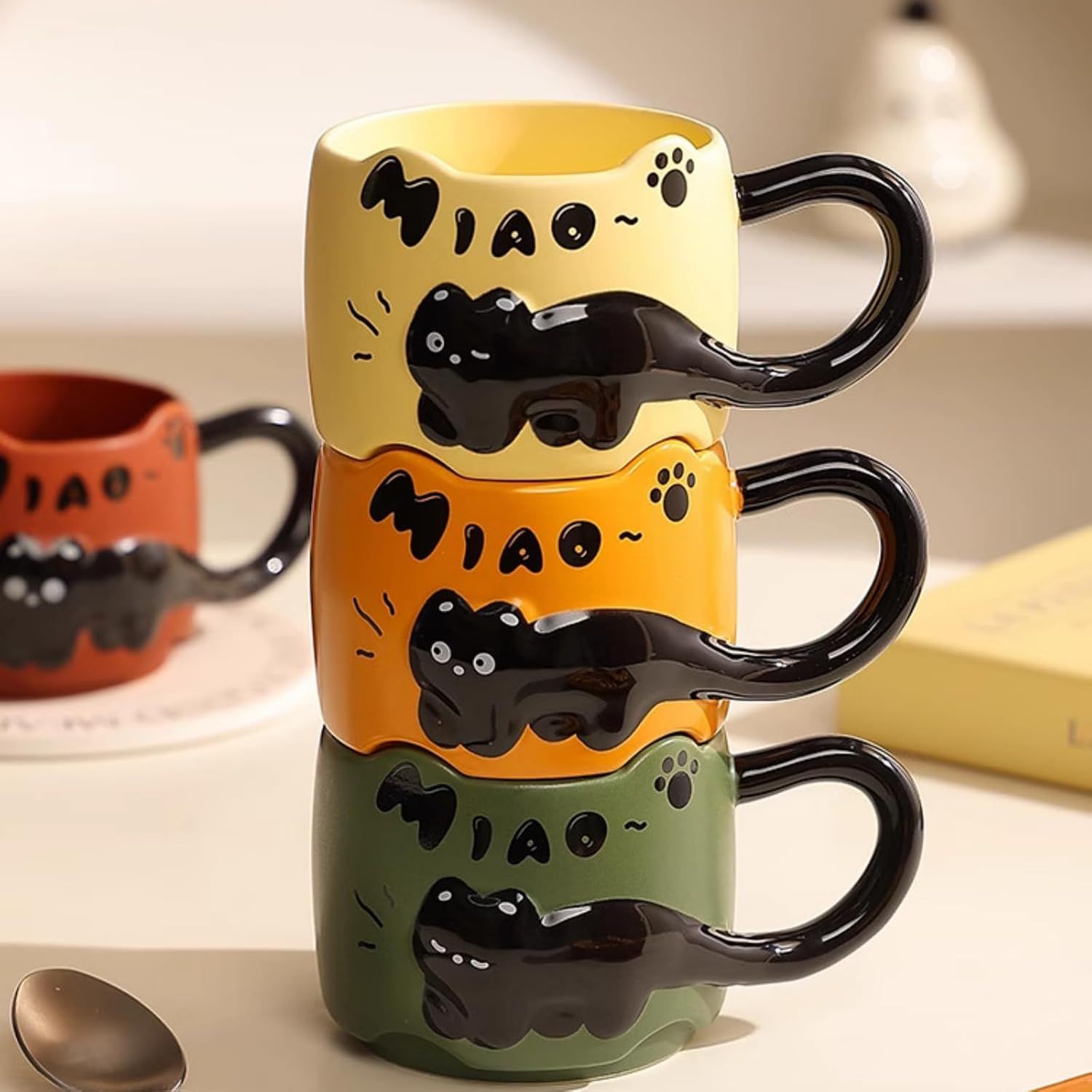 13 Oz Embossed Ceramic Cute Cat Coffee Mug Tea Mug, Creative Couple Family Cup with Handle for Home Office (red,13 Oz) - Image 2
