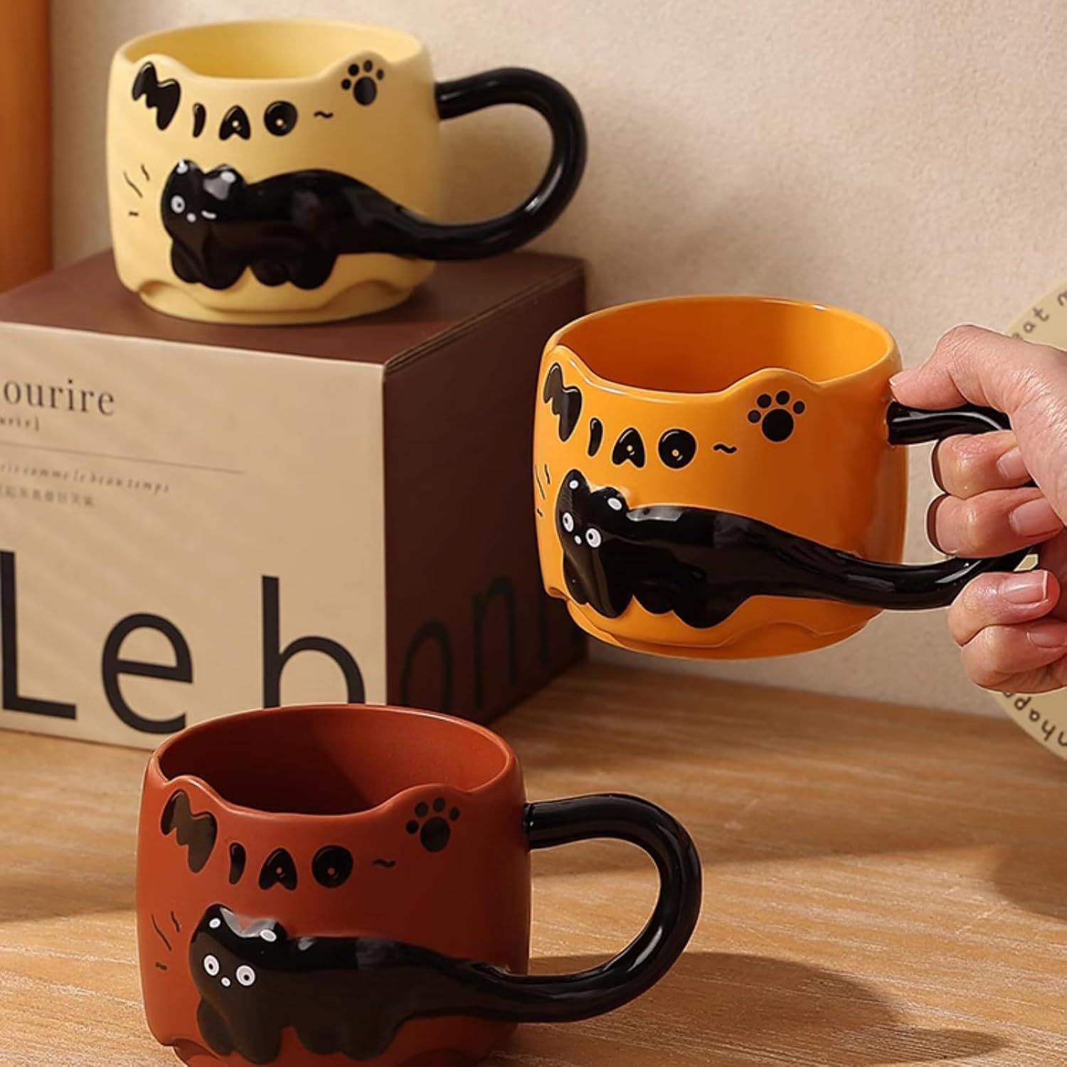 13 Oz Embossed Ceramic Cute Cat Coffee Mug Tea Mug, Creative Couple Family Cup with Handle for Home Office (red,13 Oz) - Image 3