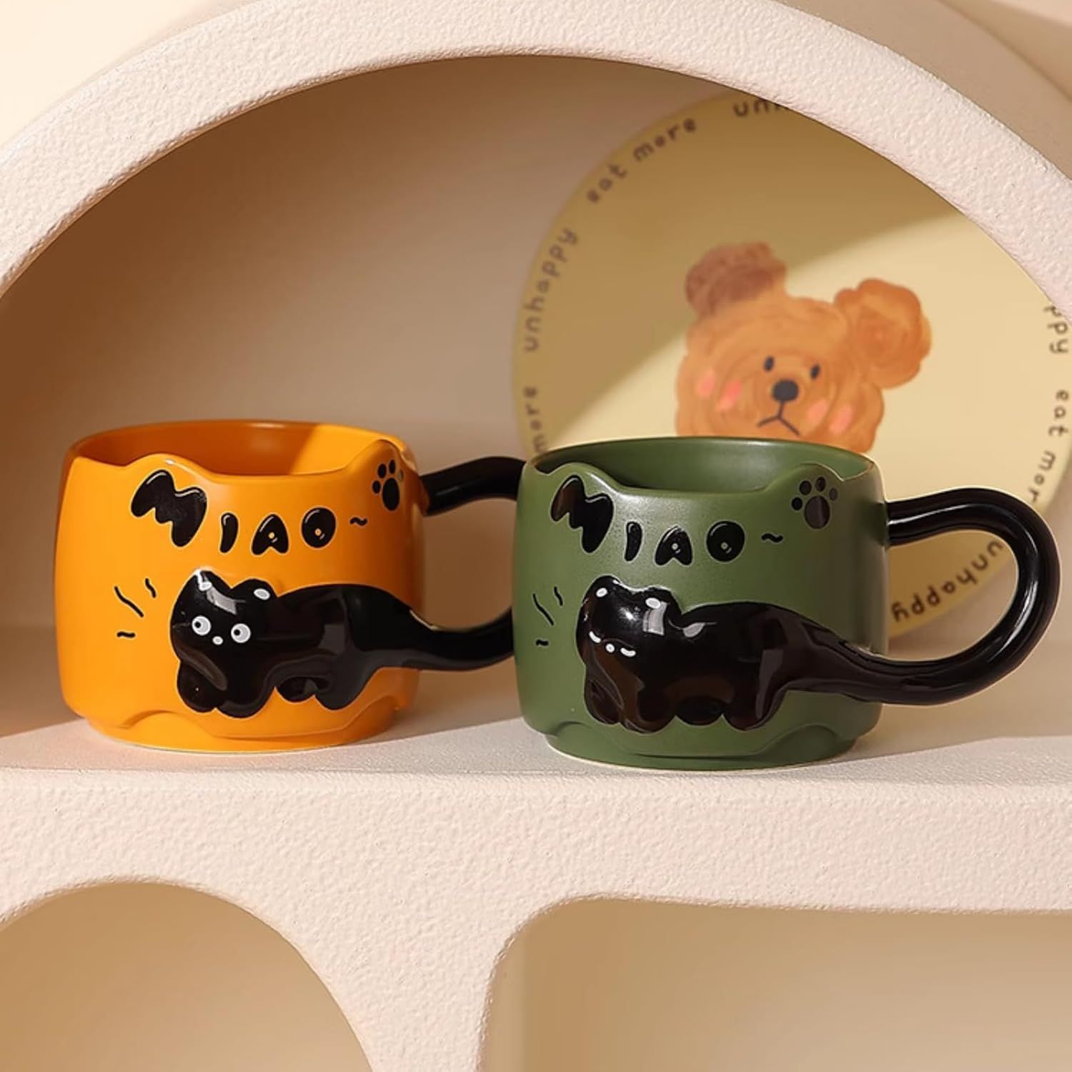 13 Oz Embossed Ceramic Cute Cat Coffee Mug Tea Mug, Creative Couple Family Cup with Handle for Home Office (red,13 Oz) - Image 4