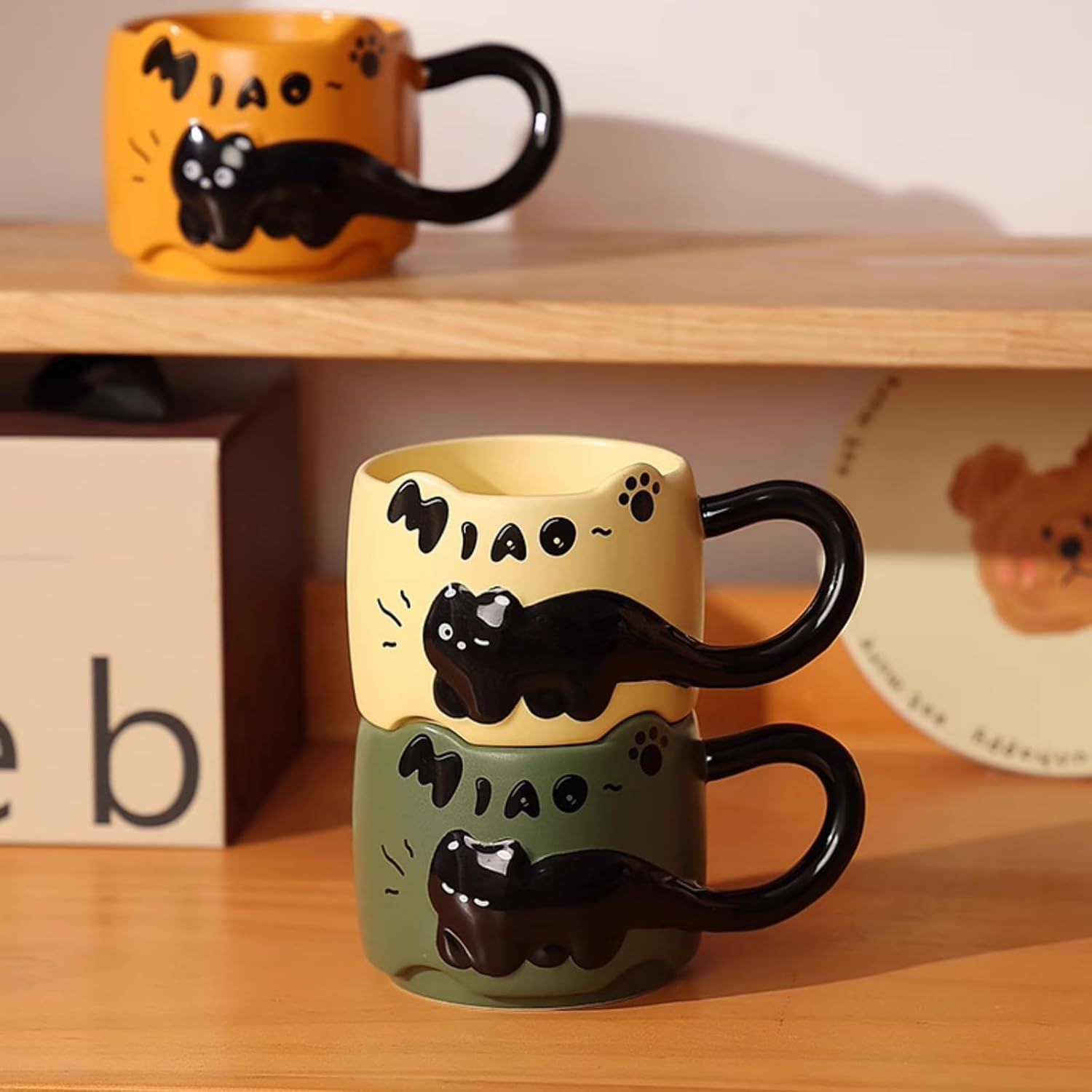 13 Oz Embossed Ceramic Cute Cat Coffee Mug Tea Mug, Creative Couple Family Cup with Handle for Home Office (red,13 Oz) - Image 6
