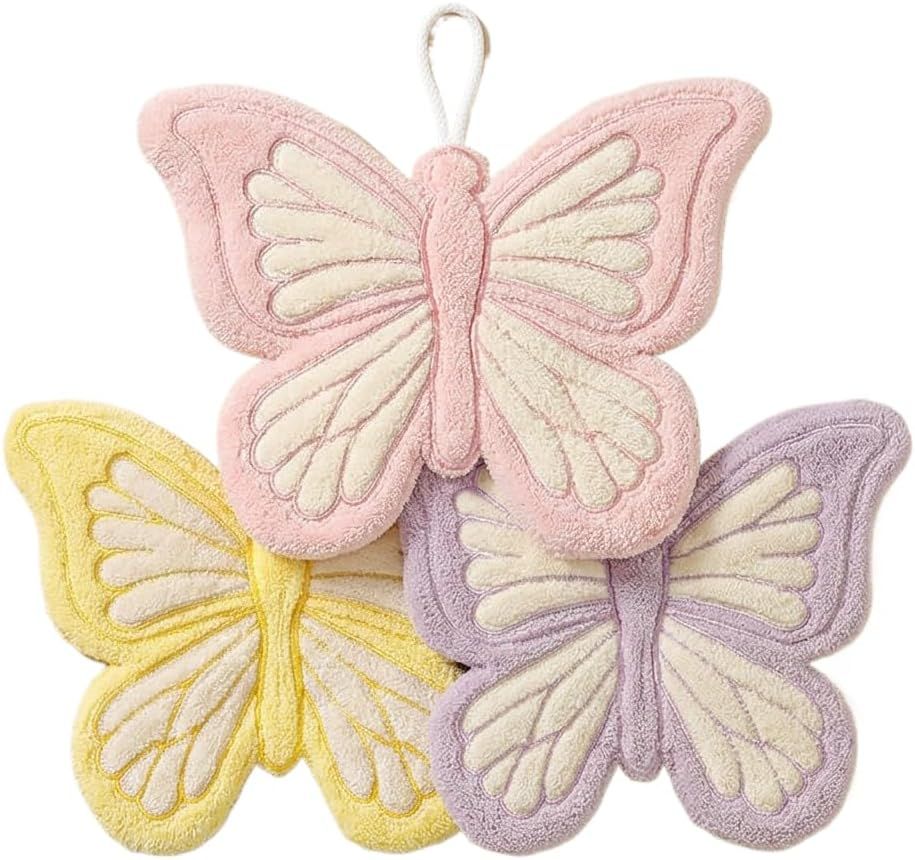 Butterfly Shaped Hanging Hand Towel 3 Pcs Set, Extra Thick Coral Fleece Ultra Absorbent Kitchen Bathroom Towel with Loop - Image 1
