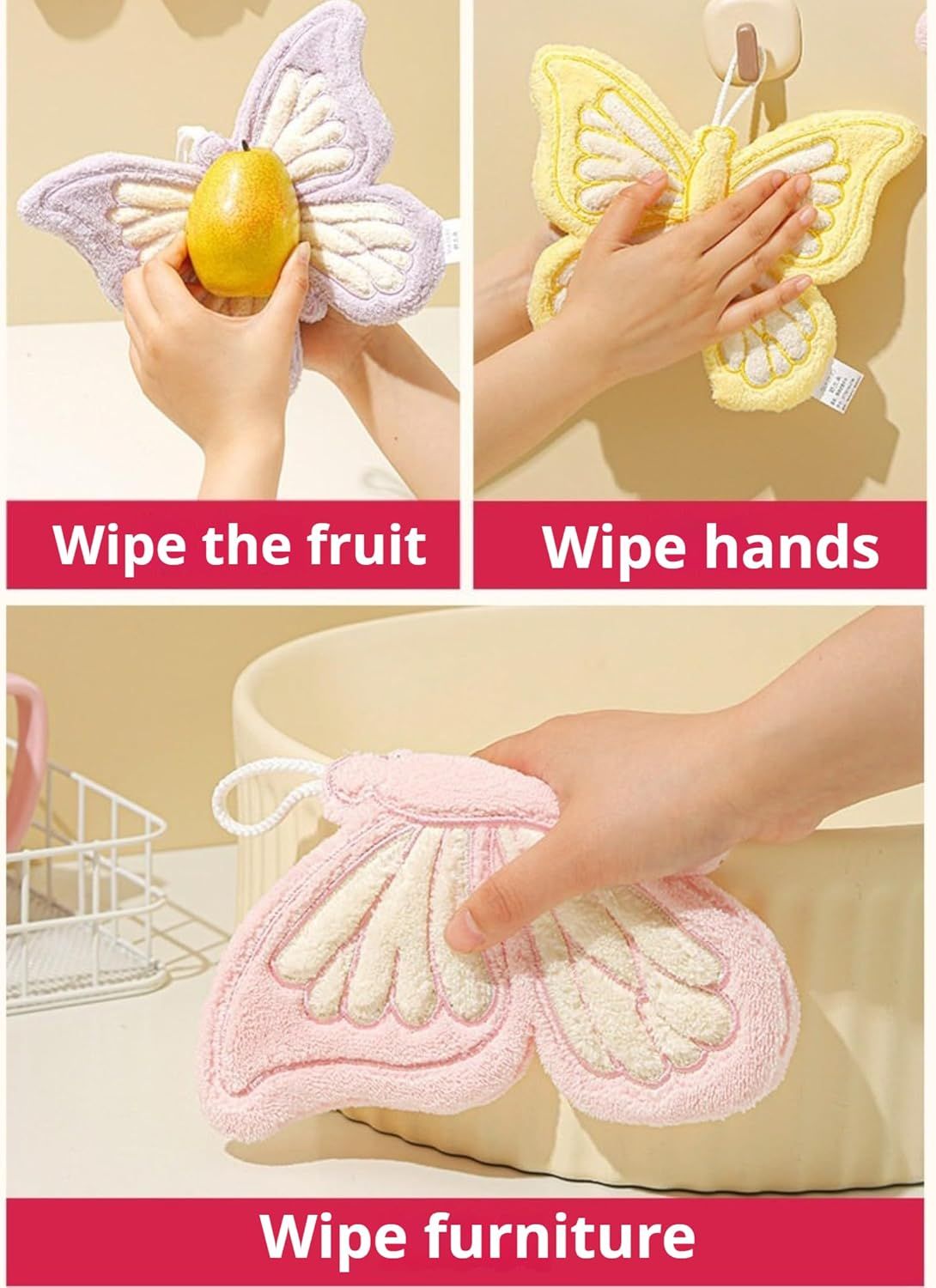 Butterfly Shaped Hanging Hand Towel 3 Pcs Set, Extra Thick Coral Fleece Ultra Absorbent Kitchen Bathroom Towel with Loop - Image 5