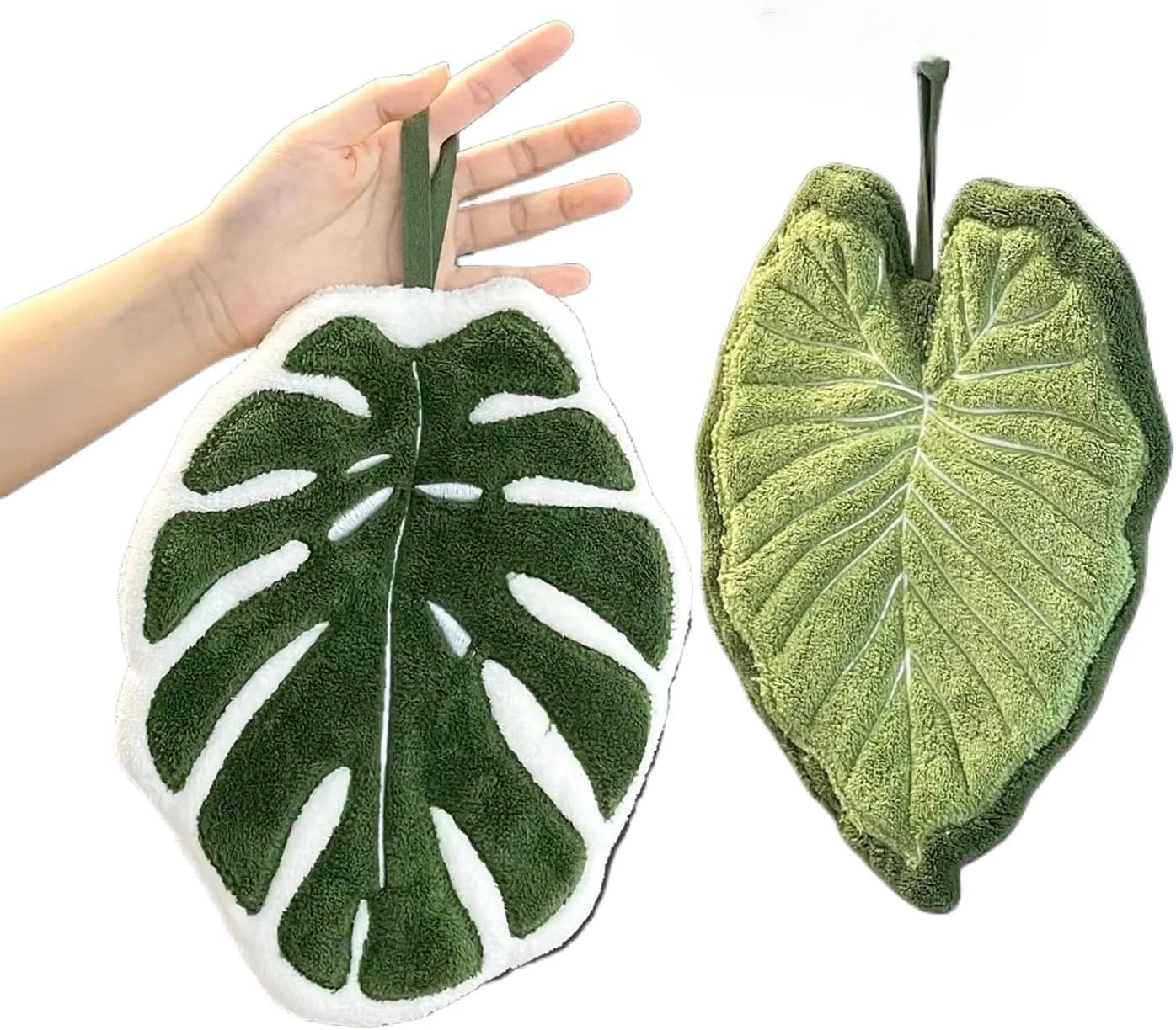 2 Pcs Set Leaf Design Coral Fleece Hand Towel Soft Absorbent Towel for Kitchen, Bathroom, and Countertop Decor - Image 1
