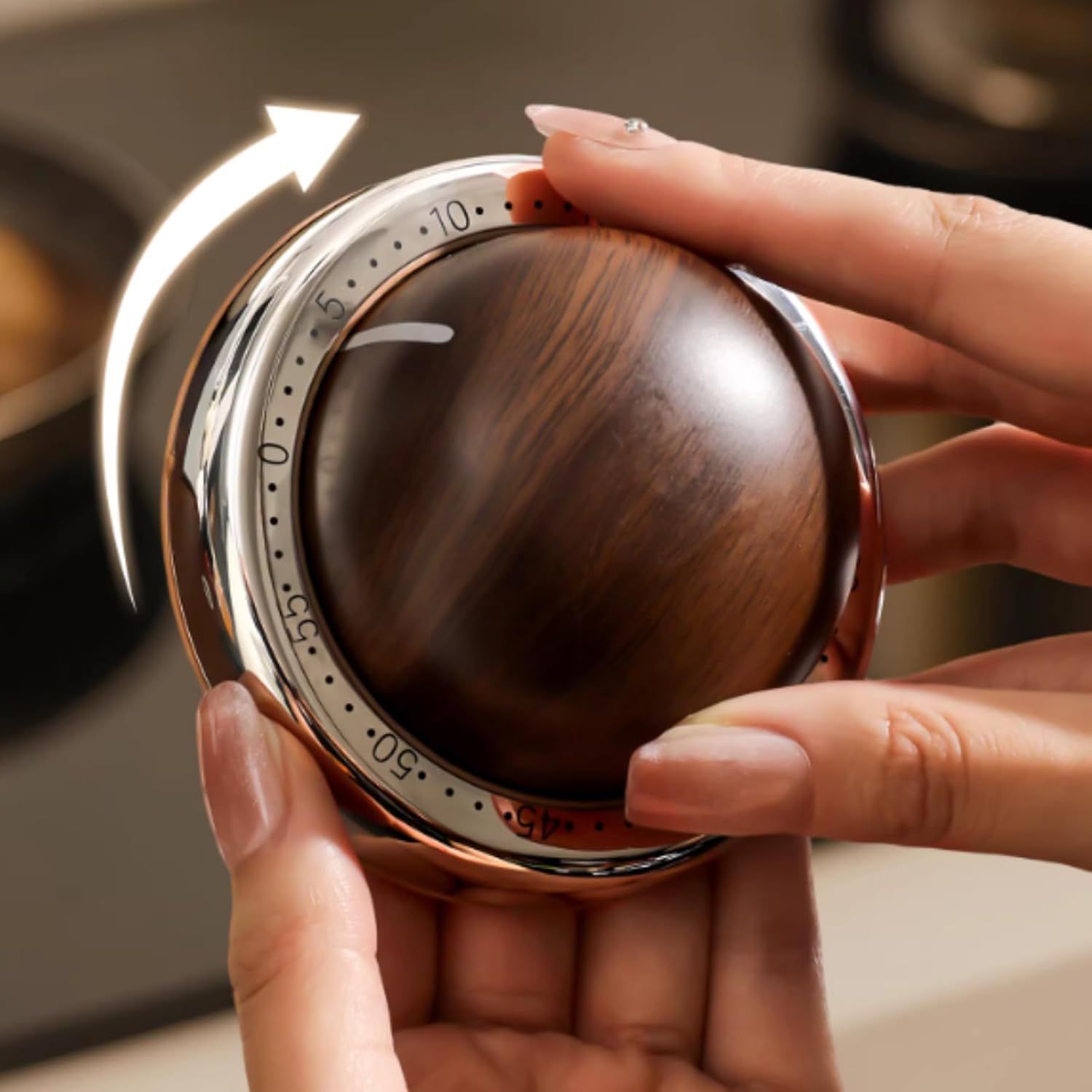 Modern Mechanical Kitchen Timer with Wood Grain Design, Stainless Steel Base, Easy-to-Use Cooking Timer for Home - Image 2