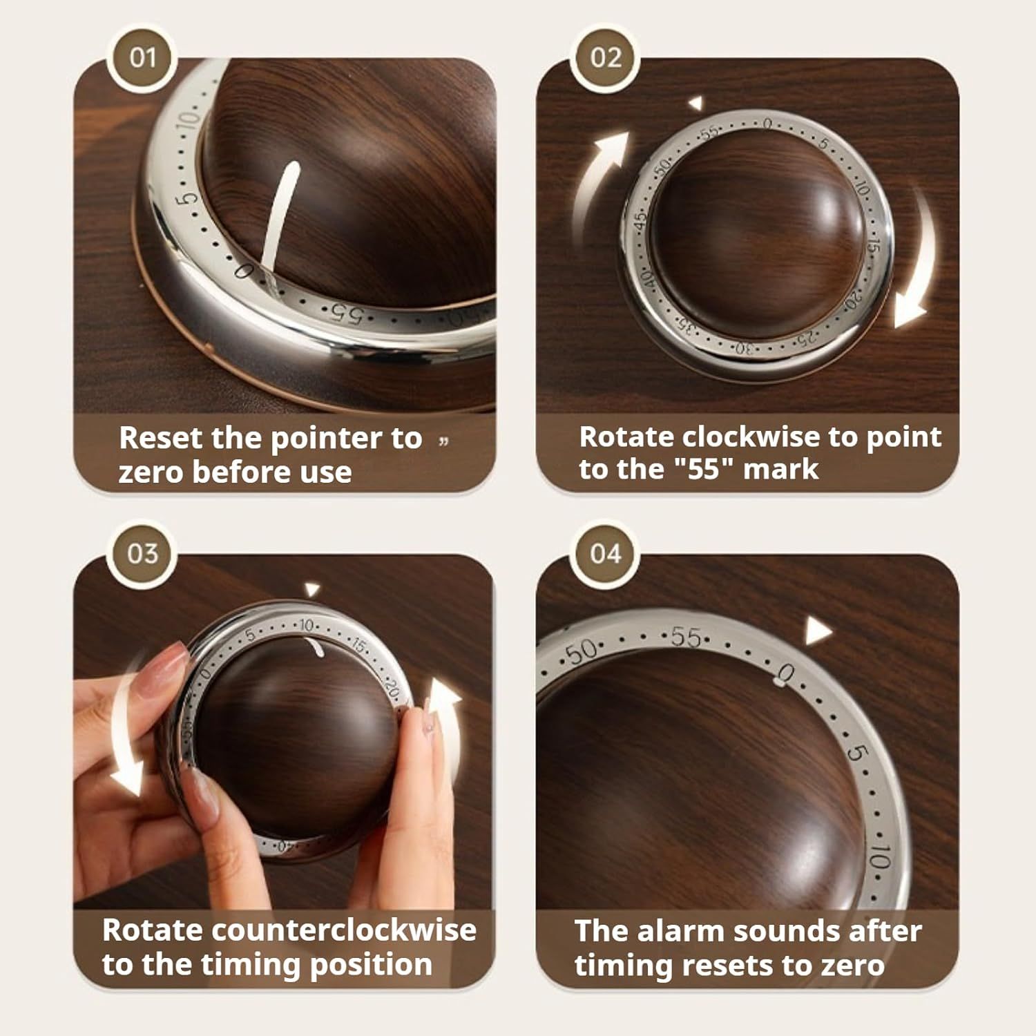 Modern Mechanical Kitchen Timer with Wood Grain Design, Stainless Steel Base, Easy-to-Use Cooking Timer for Home - Image 6