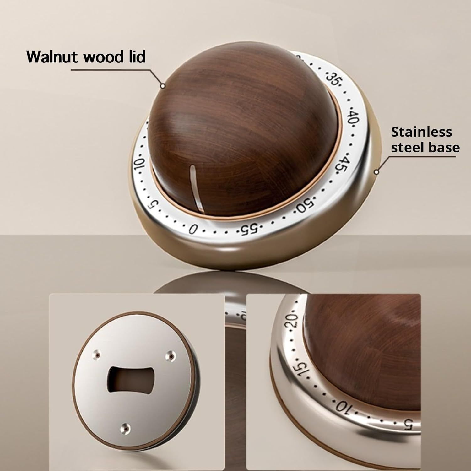 Modern Mechanical Kitchen Timer with Wood Grain Design, Stainless Steel Base, Easy-to-Use Cooking Timer for Home - Image 7