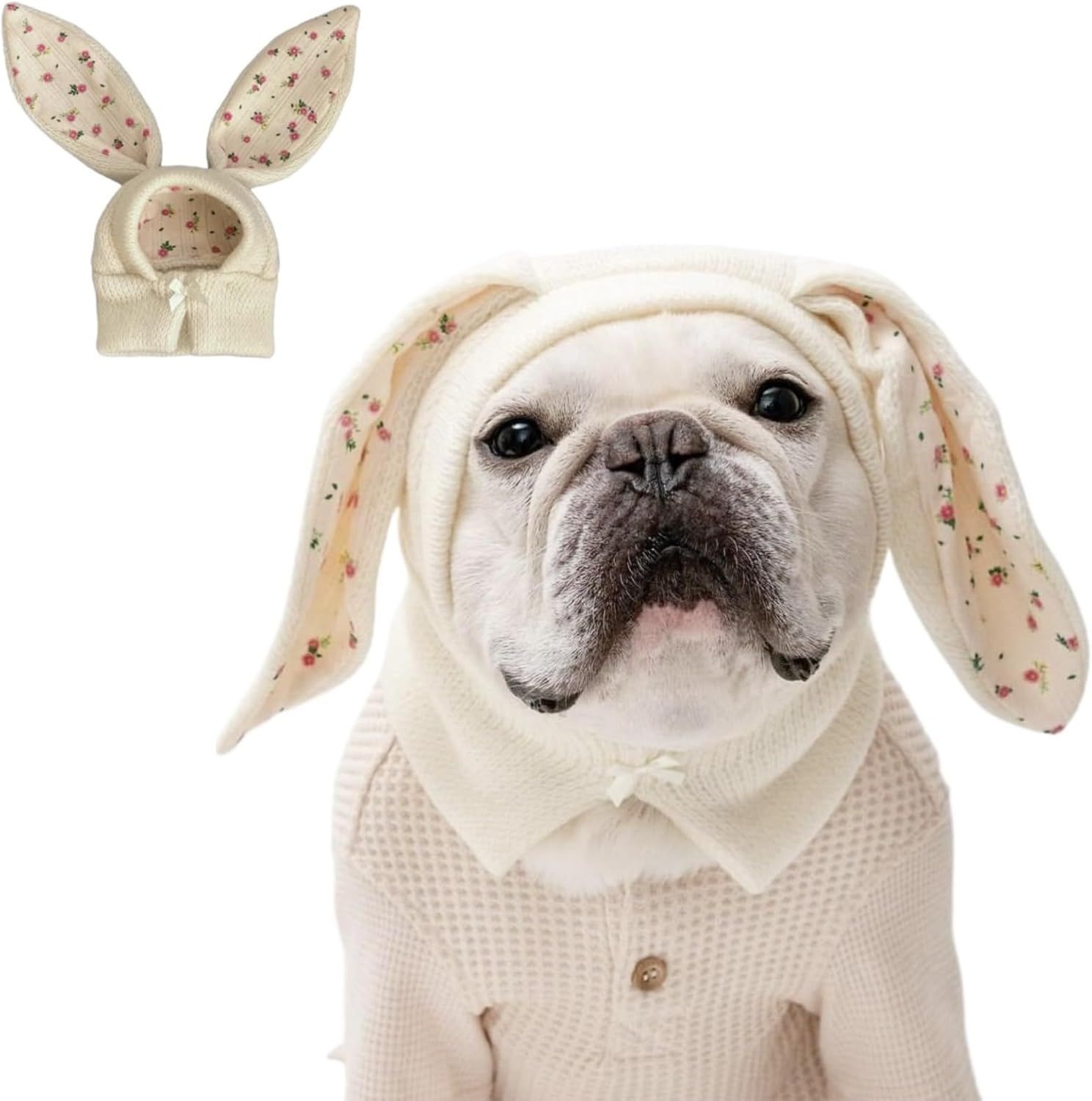 Small Dogs Cats Knitted Snood Cute Hat with Rabbit Ears for Winter Warm, Pet Scarf Headwear Accessory for Photo (White,L) - Image 1