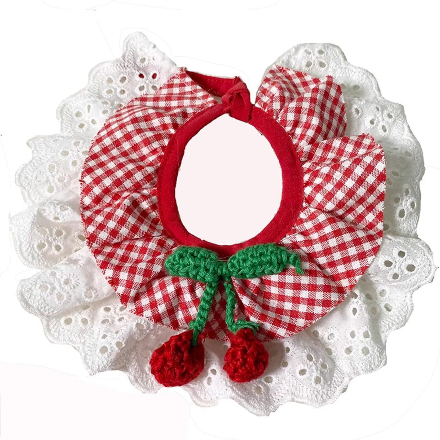 Cute Dog Cat Bandana, Pet Accessory Collar with Red Plaids Lace Edge Knitted Cherry Strawberry Charm (Cherry,XL) - Image 1