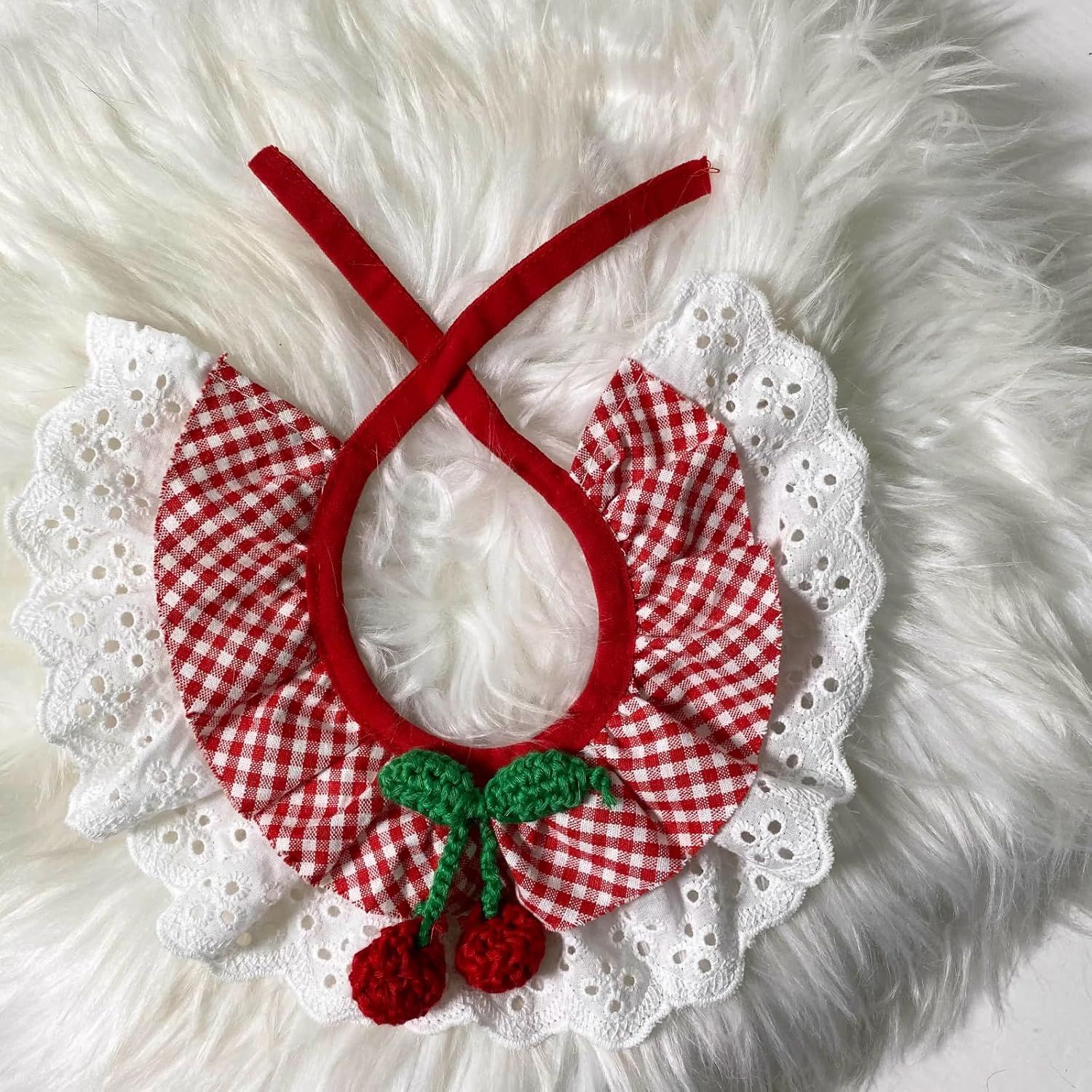 Cute Dog Cat Bandana, Pet Accessory Collar with Red Plaids Lace Edge Knitted Cherry Strawberry Charm (Cherry,XL) - Image 2