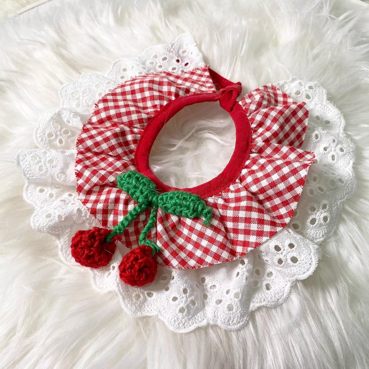 Cute Dog Cat Bandana, Pet Accessory Collar with Red Plaids Lace Edge Knitted Cherry Strawberry Charm (Cherry,XL) - Image 5