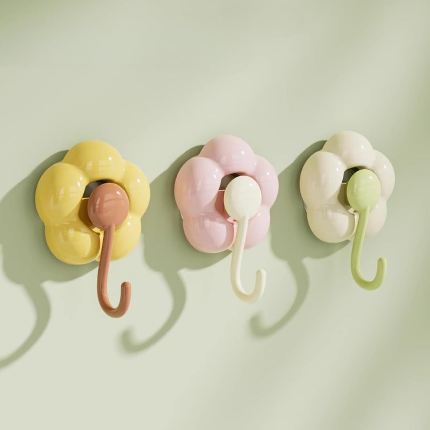 3 Pack No-Trace Vacuum Suction Cup Hooks, Floral Heavy Duty Storage Hangers for Home Bathroom Kitchen Door Back (Yellow Pink Green) - Image 1