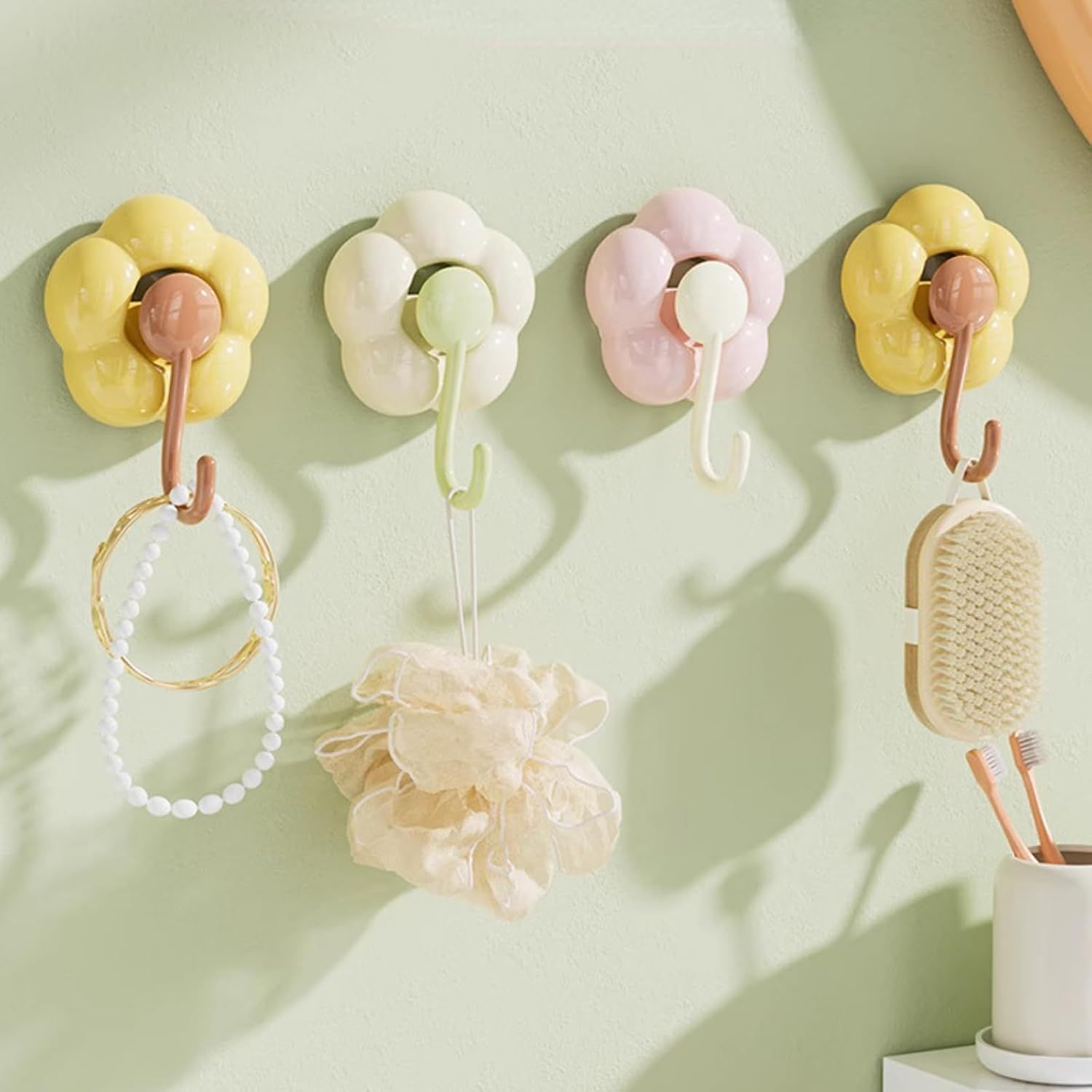 3 Pack No-Trace Vacuum Suction Cup Hooks, Floral Heavy Duty Storage Hangers for Home Bathroom Kitchen Door Back (Yellow Pink Green) - Image 2