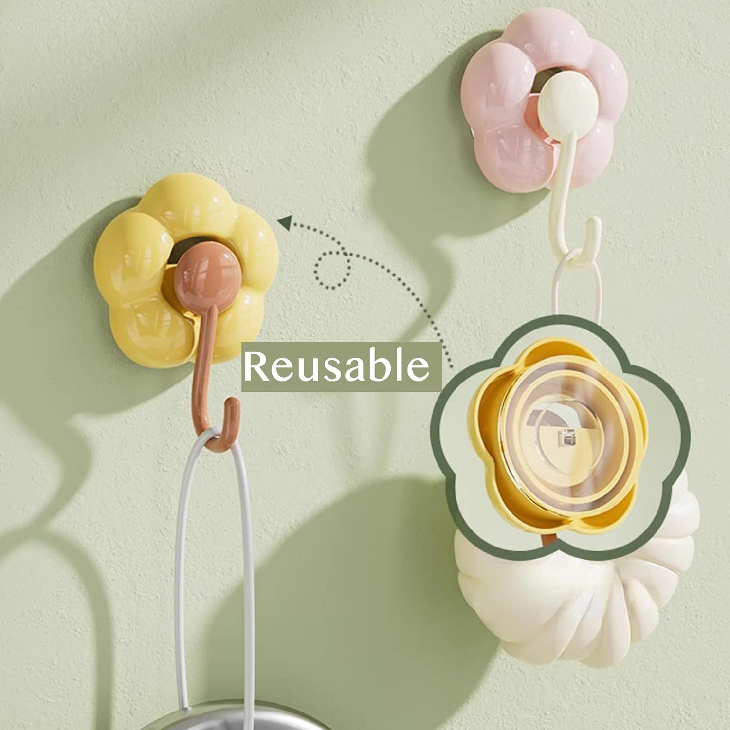 3 Pack No-Trace Vacuum Suction Cup Hooks, Floral Heavy Duty Storage Hangers for Home Bathroom Kitchen Door Back (Yellow Pink Green) - Image 5