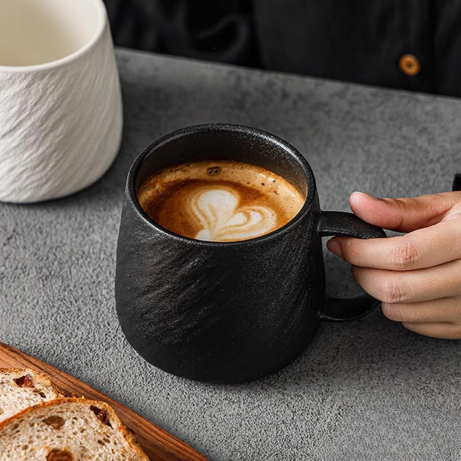 17 Oz Minimalist Ceramic Coffee Mug Tea Mug with Rock Texture Surface, Large Capacity Drinking Cup for Office Home (black,17 Oz) - Image 3