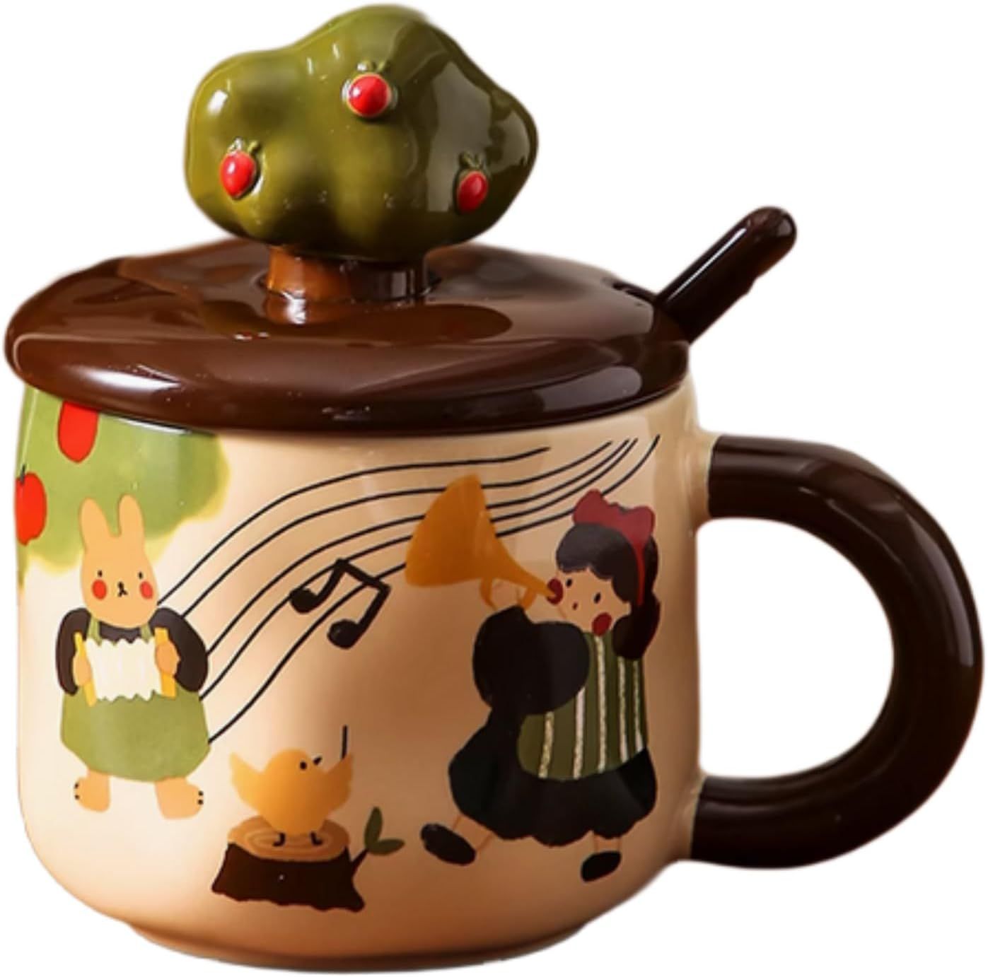 13 Oz Cute Apple Tree Girl Ceramic Coffee Mug Tea Mug with Lid and Leaf Spoon, Elegant Drinking Cup Gift for Women (Music,13 Oz) - Image 1