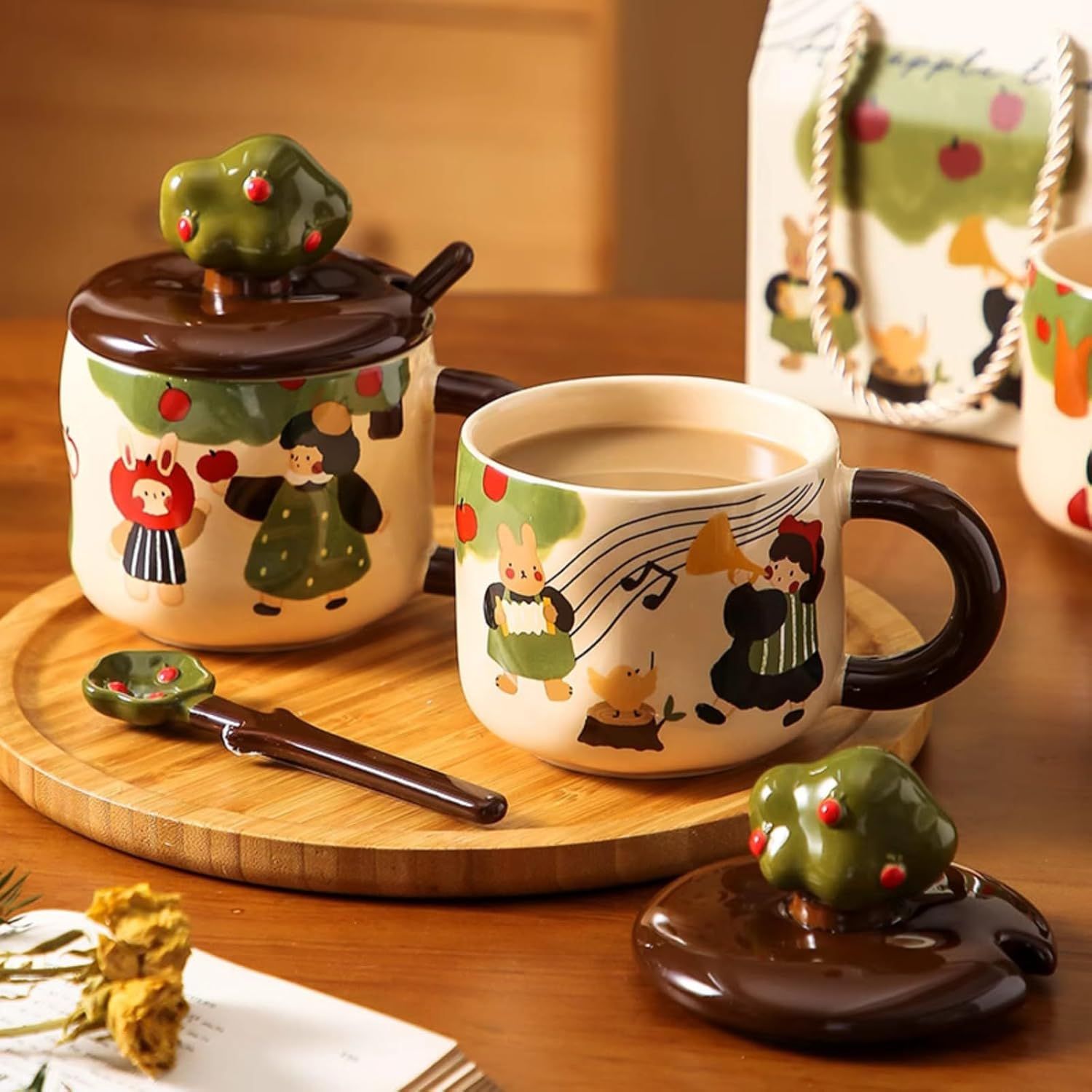 13 Oz Cute Apple Tree Girl Ceramic Coffee Mug Tea Mug with Lid and Leaf Spoon, Elegant Drinking Cup Gift for Women (Music,13 Oz) - Image 2