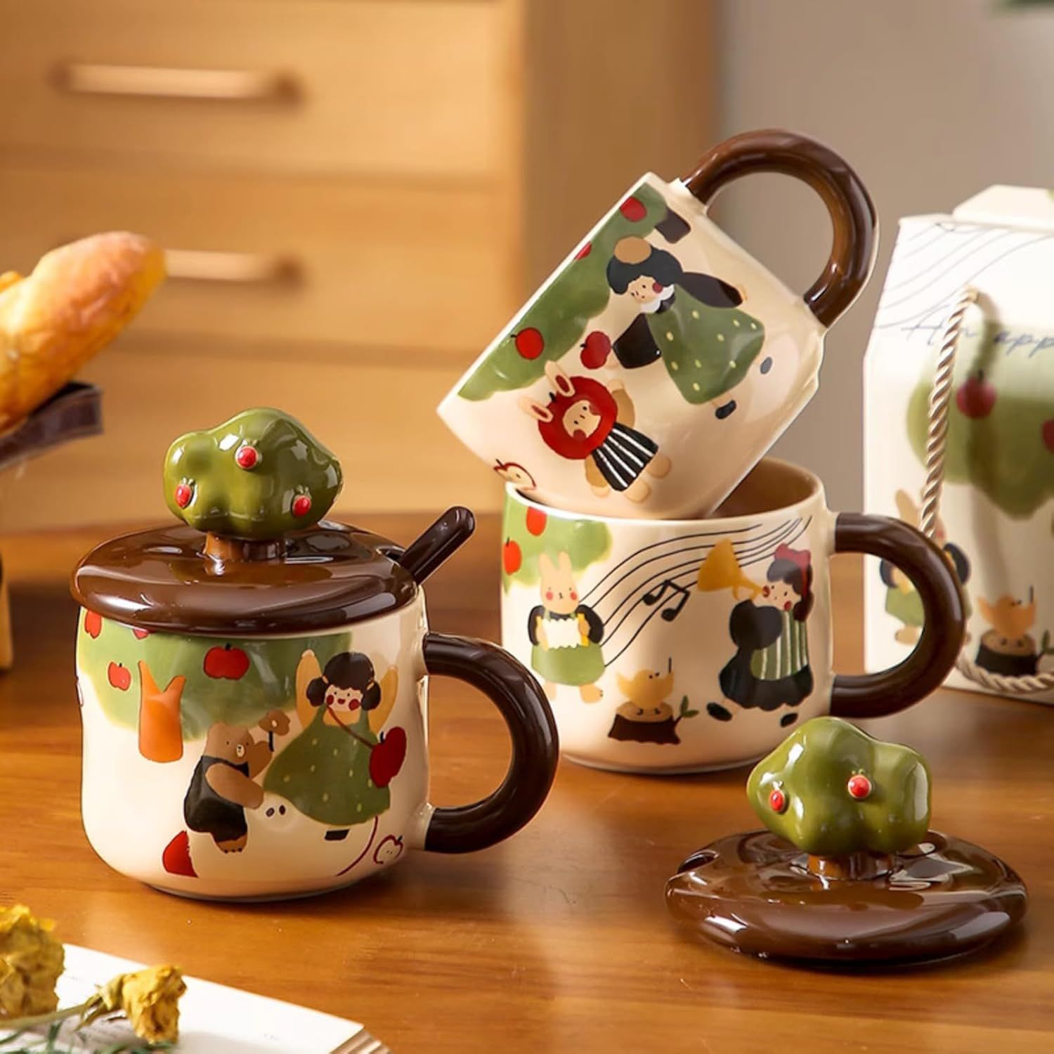 13 Oz Cute Apple Tree Girl Ceramic Coffee Mug Tea Mug with Lid and Leaf Spoon, Elegant Drinking Cup Gift for Women (Music,13 Oz) - Image 3