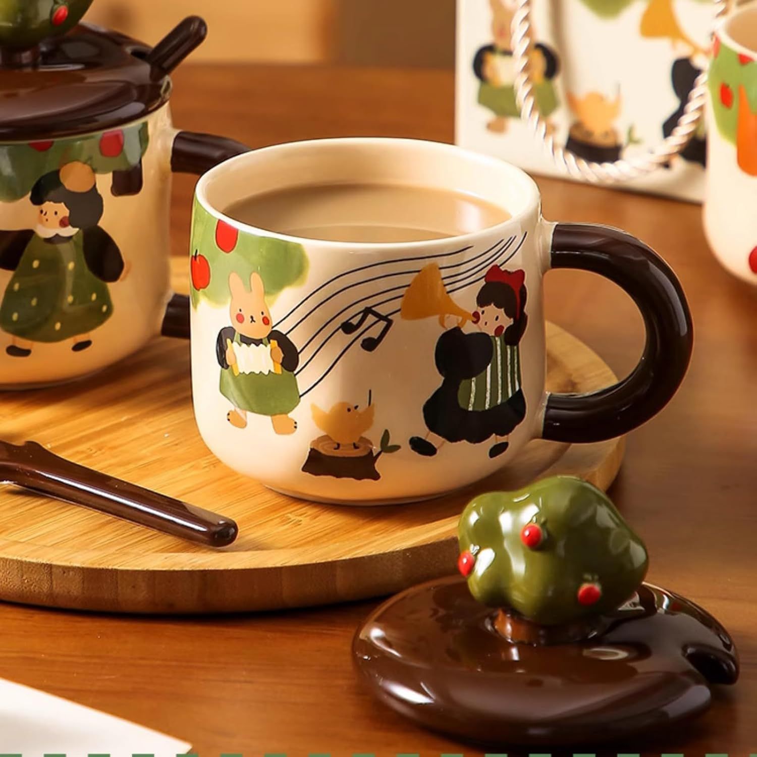 13 Oz Cute Apple Tree Girl Ceramic Coffee Mug Tea Mug with Lid and Leaf Spoon, Elegant Drinking Cup Gift for Women (Music,13 Oz) - Image 4