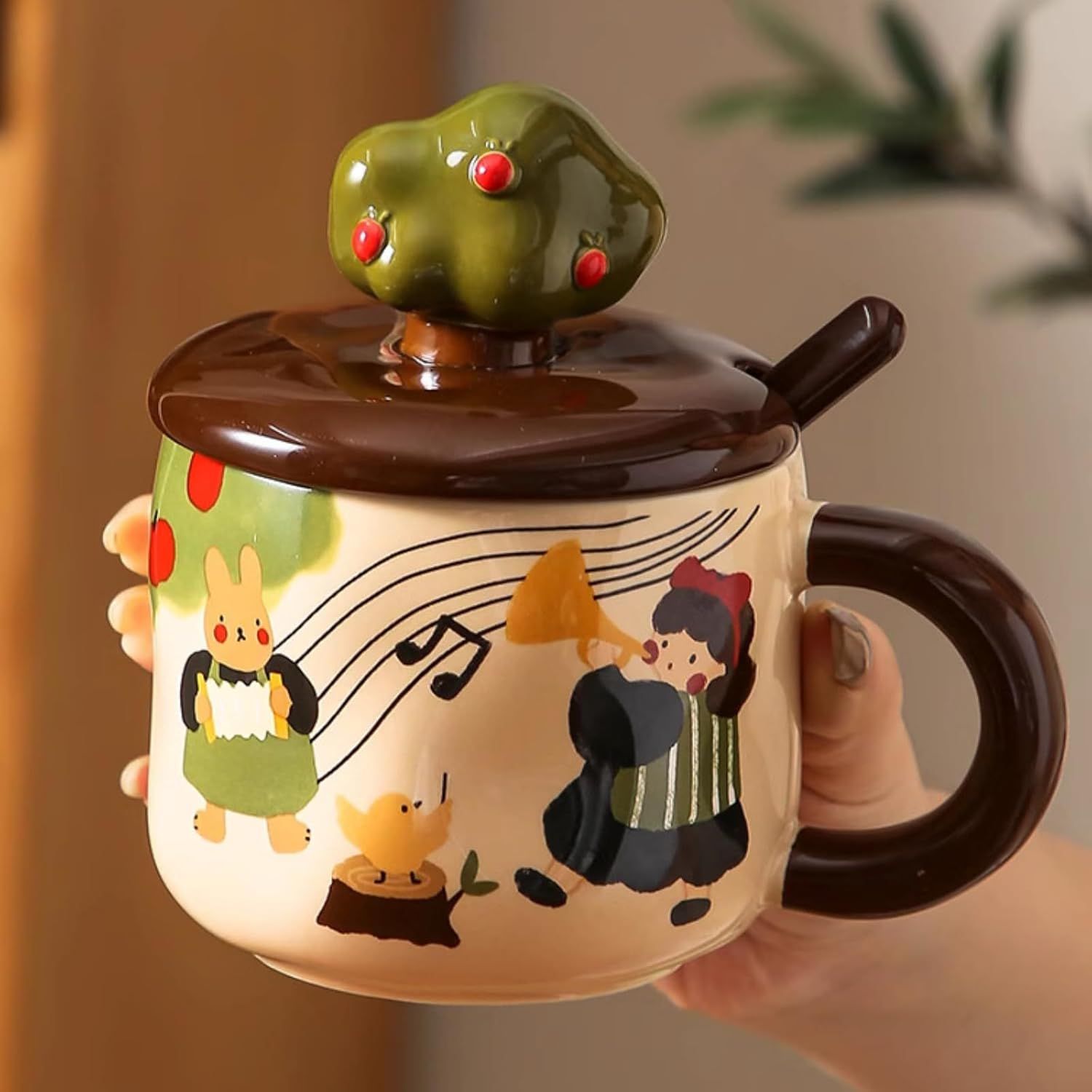 13 Oz Cute Apple Tree Girl Ceramic Coffee Mug Tea Mug with Lid and Leaf Spoon, Elegant Drinking Cup Gift for Women (Music,13 Oz) - Image 6