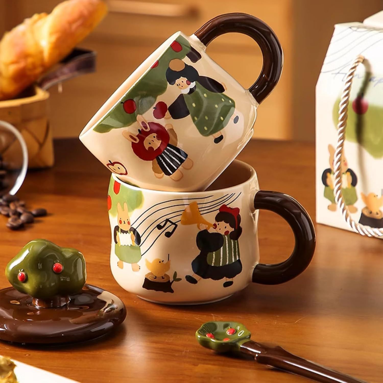 13 Oz Cute Apple Tree Girl Ceramic Coffee Mug Tea Mug with Lid and Leaf Spoon, Elegant Drinking Cup Gift for Women (Music,13 Oz) - Image 7