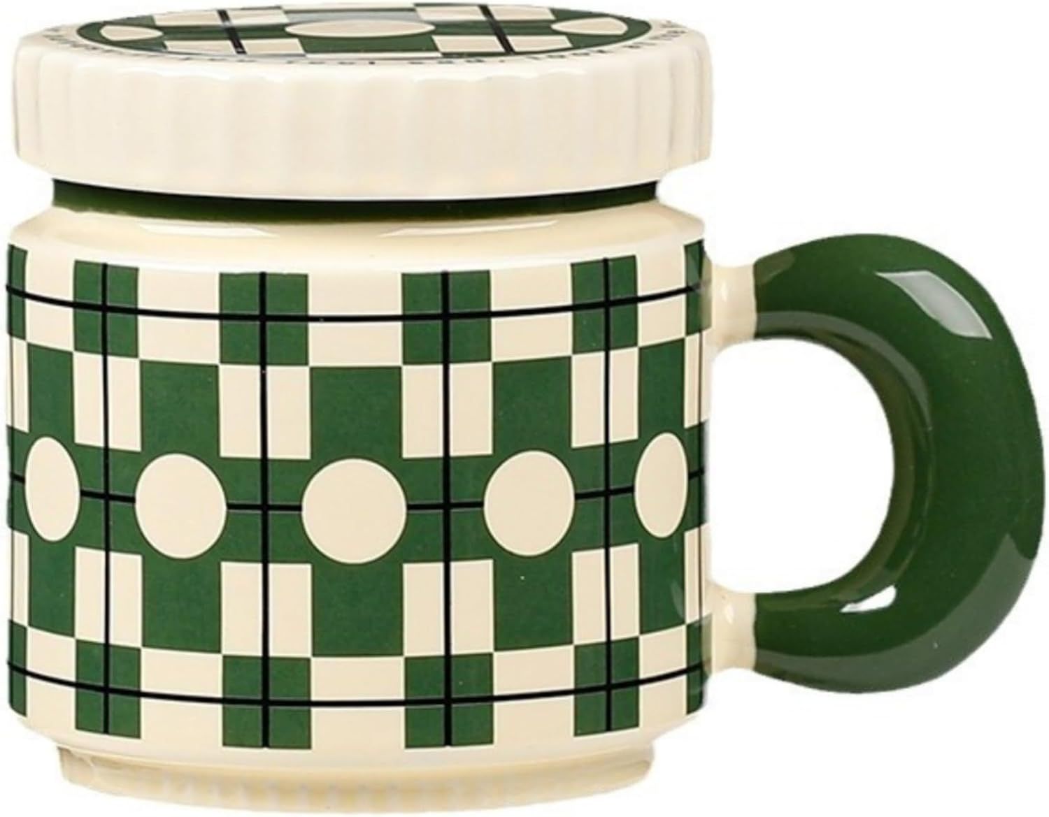 14 Oz Luxe Ceramic Coffee Mug Tea Mug with Lid Handle Floral/Stars/Plaid Design, Elegant Water Cup Cereal Bowl Ice Cream Bowl (green,14 Oz) - Image 1