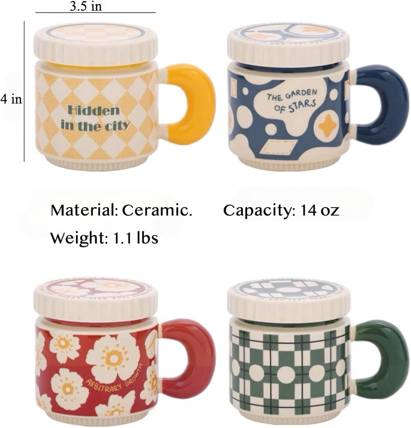 14 Oz Luxe Ceramic Coffee Mug Tea Mug with Lid Handle Floral/Stars/Plaid Design, Elegant Water Cup Cereal Bowl Ice Cream Bowl (green,14 Oz) - Image 3