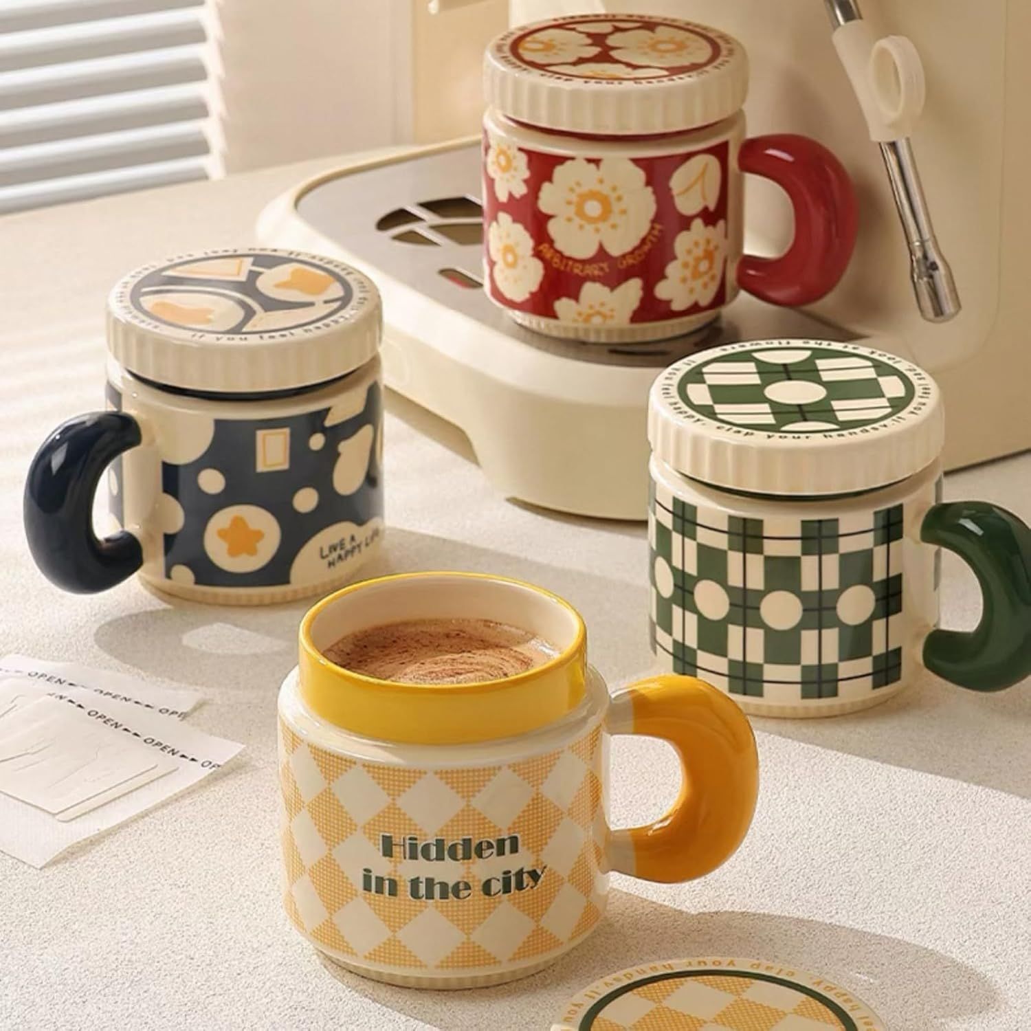 14 Oz Luxe Ceramic Coffee Mug Tea Mug with Lid Handle Floral/Stars/Plaid Design, Elegant Water Cup Cereal Bowl Ice Cream Bowl (green,14 Oz) - Image 4