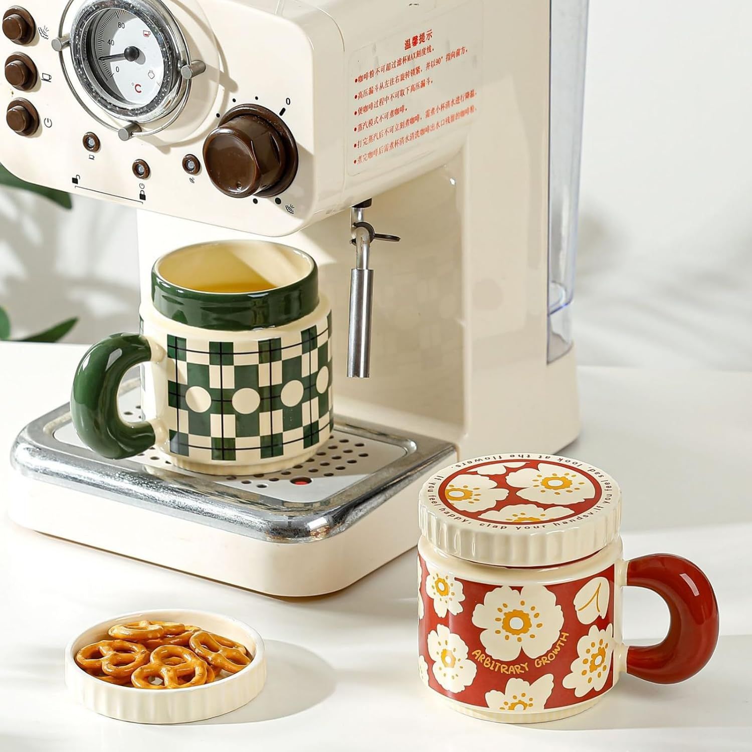 14 Oz Luxe Ceramic Coffee Mug Tea Mug with Lid Handle Floral/Stars/Plaid Design, Elegant Water Cup Cereal Bowl Ice Cream Bowl (green,14 Oz) - Image 5