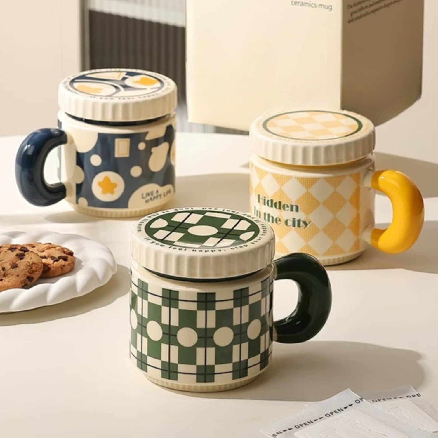 14 Oz Luxe Ceramic Coffee Mug Tea Mug with Lid Handle Floral/Stars/Plaid Design, Elegant Water Cup Cereal Bowl Ice Cream Bowl (green,14 Oz) - Image 7