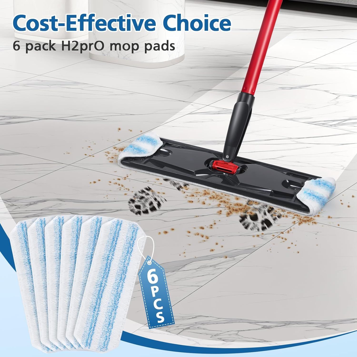 6 Pack H2prO Mop Pads Compatible with O Ceda H2PrO Flat Mop System, 100% Microfiber Mop Head Replacements, Washable and Reusable for H2prO Mop Refills, White - Image 8