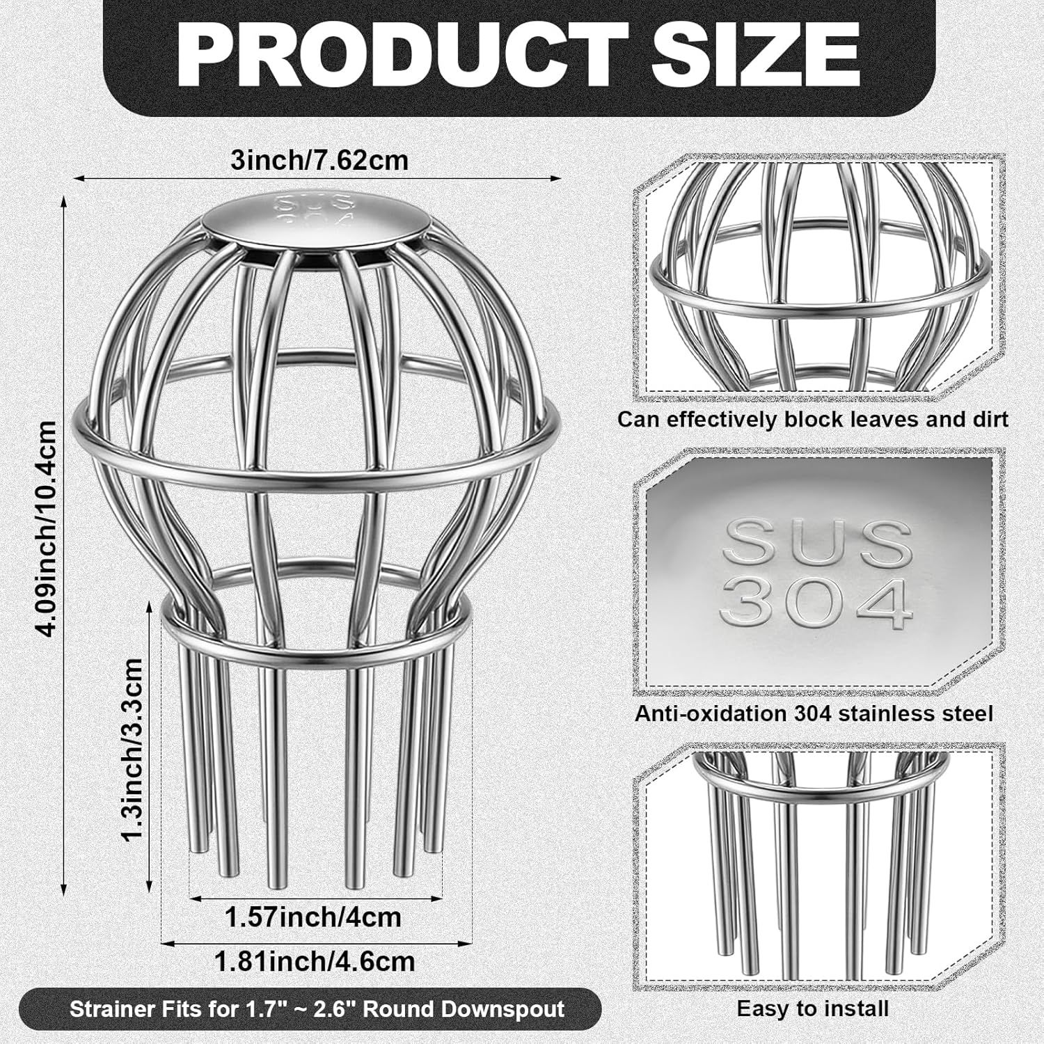 6 Pack Gutter Guard 2 Inch, 304 Stainless Steel Filter Strainer Fits 1.7