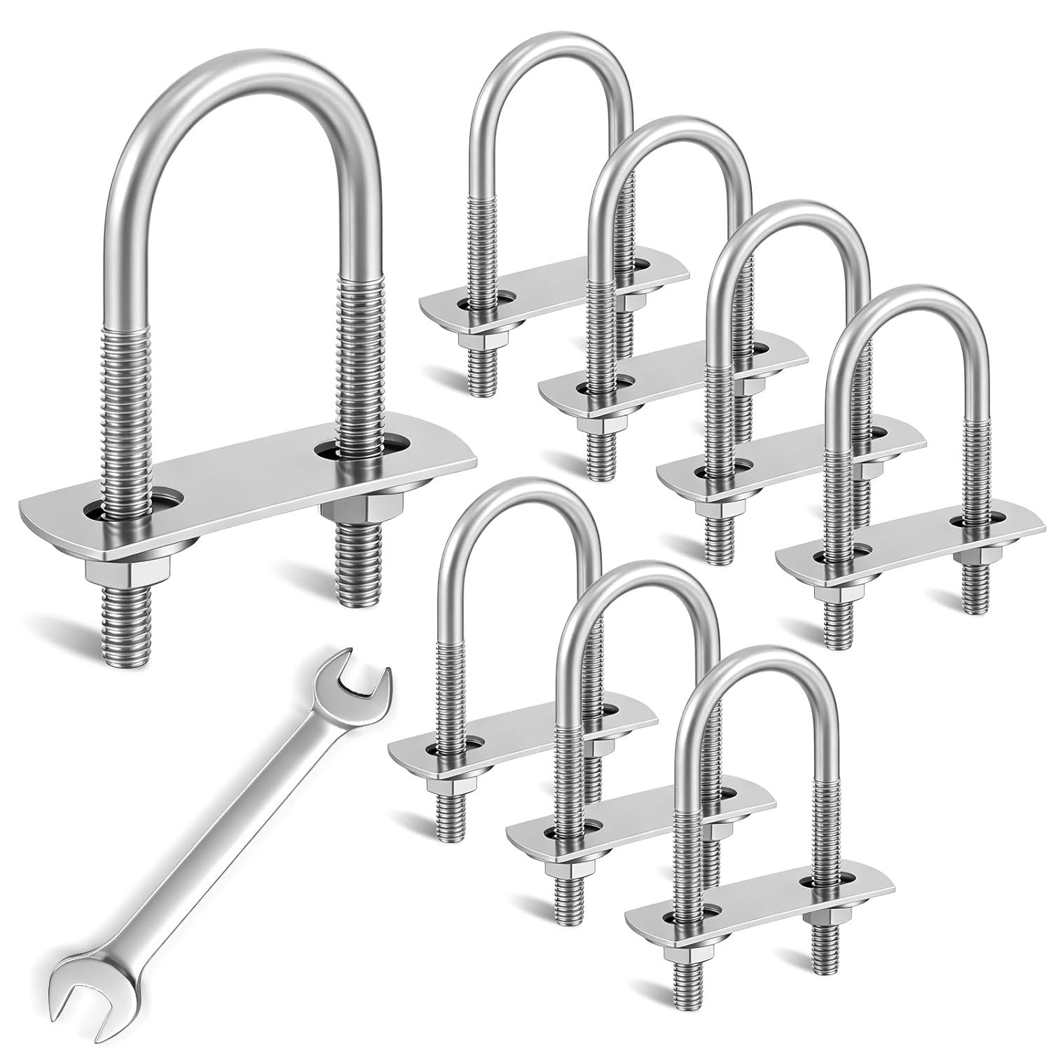 8 Sets M6 U Bolts 1 Inch Wide, 304 Stainless Steel Heavy Duty 25mm x 70mm U Bolts with Nuts, Bolt Plate, Washers and Wrench for Boat Trailer - Image 1