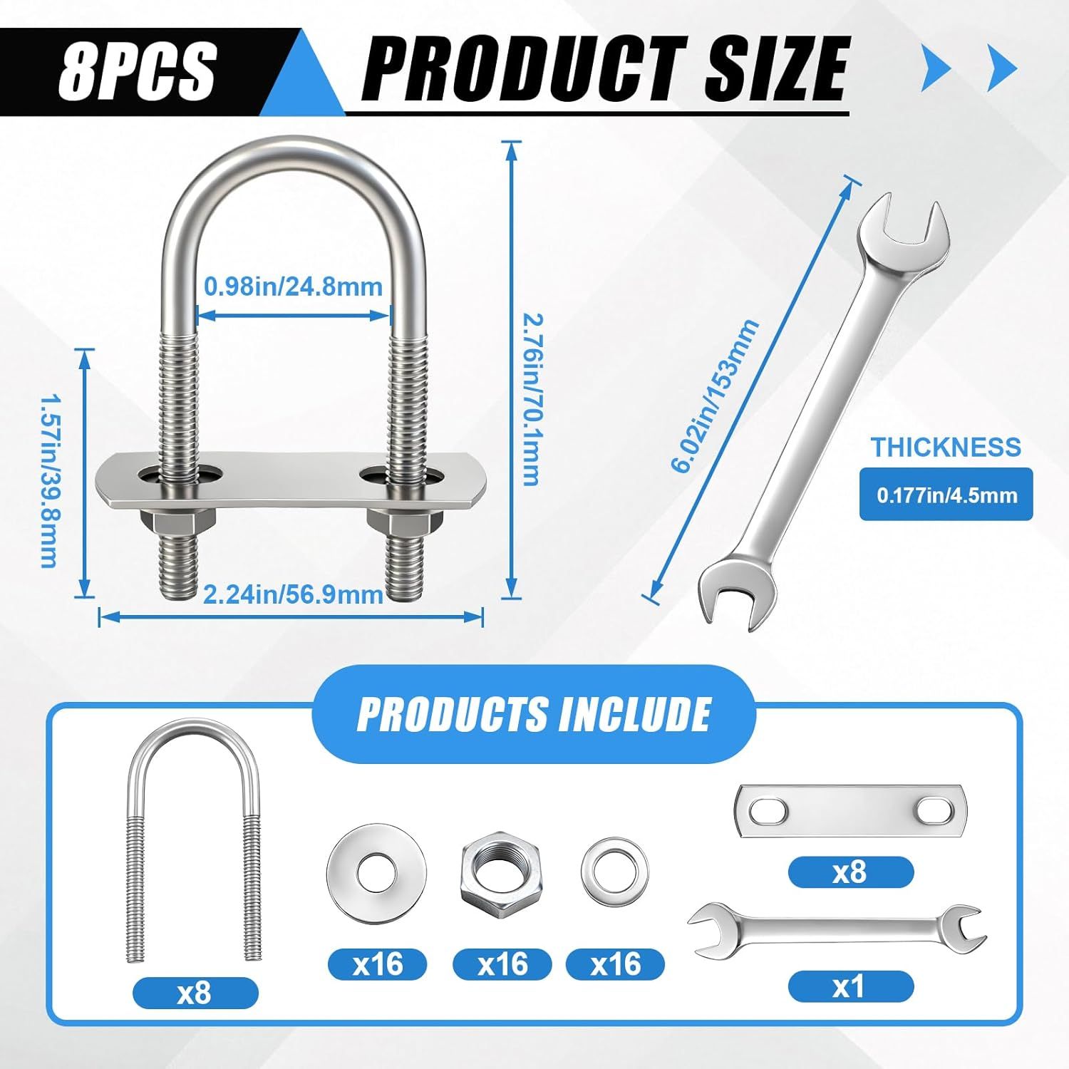 8 Sets M6 U Bolts 1 Inch Wide, 304 Stainless Steel Heavy Duty 25mm x 70mm U Bolts with Nuts, Bolt Plate, Washers and Wrench for Boat Trailer - Image 2