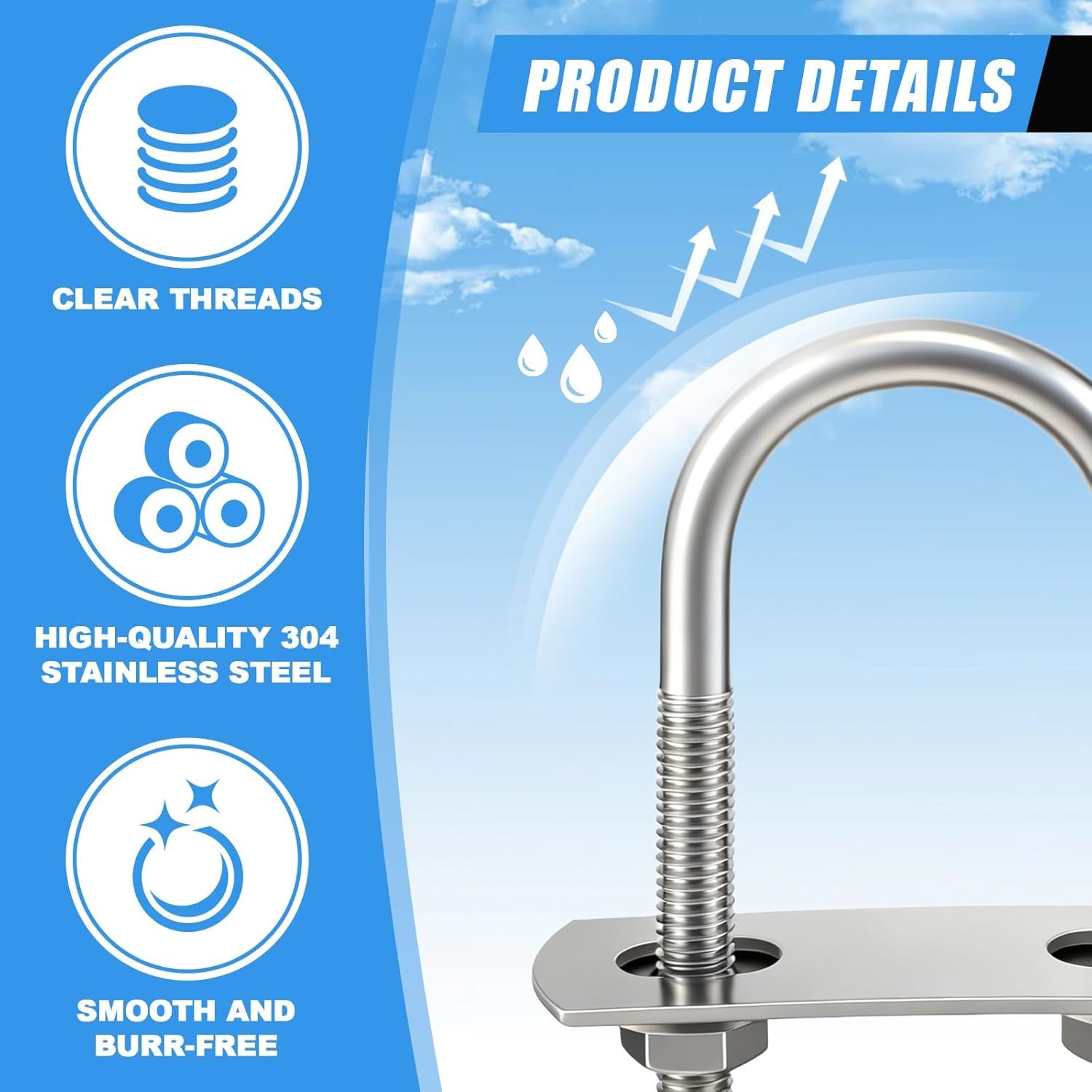 8 Sets M6 U Bolts 1 Inch Wide, 304 Stainless Steel Heavy Duty 25mm x 70mm U Bolts with Nuts, Bolt Plate, Washers and Wrench for Boat Trailer - Image 3
