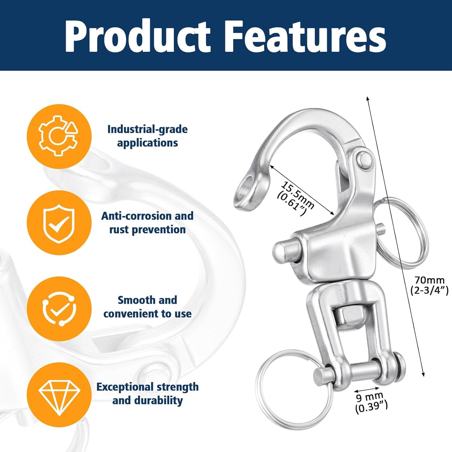 316 Stainless Steel Swivel Snap Shackle Clevis Quick Heavy Duty Release Spring Hook Marine Grade Sailing Halyard Shackle for Boat Rigging Industrial Lifting Climbing - Image 2