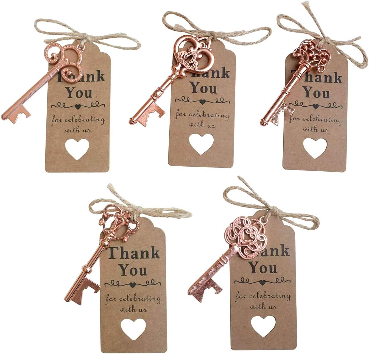 50pcs Rose Gold Skeleton Key Beer Bottle Opener With 100 Pcs Thank You Card and 98 Feet Hemp Rope for Wedding Party Favors - Image 1