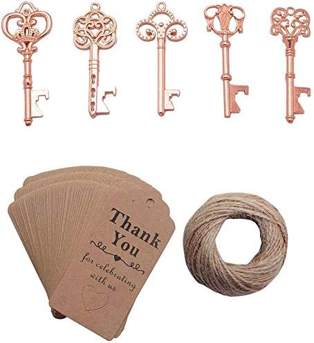 50pcs Rose Gold Skeleton Key Beer Bottle Opener With 100 Pcs Thank You Card and 98 Feet Hemp Rope for Wedding Party Favors - Image 2
