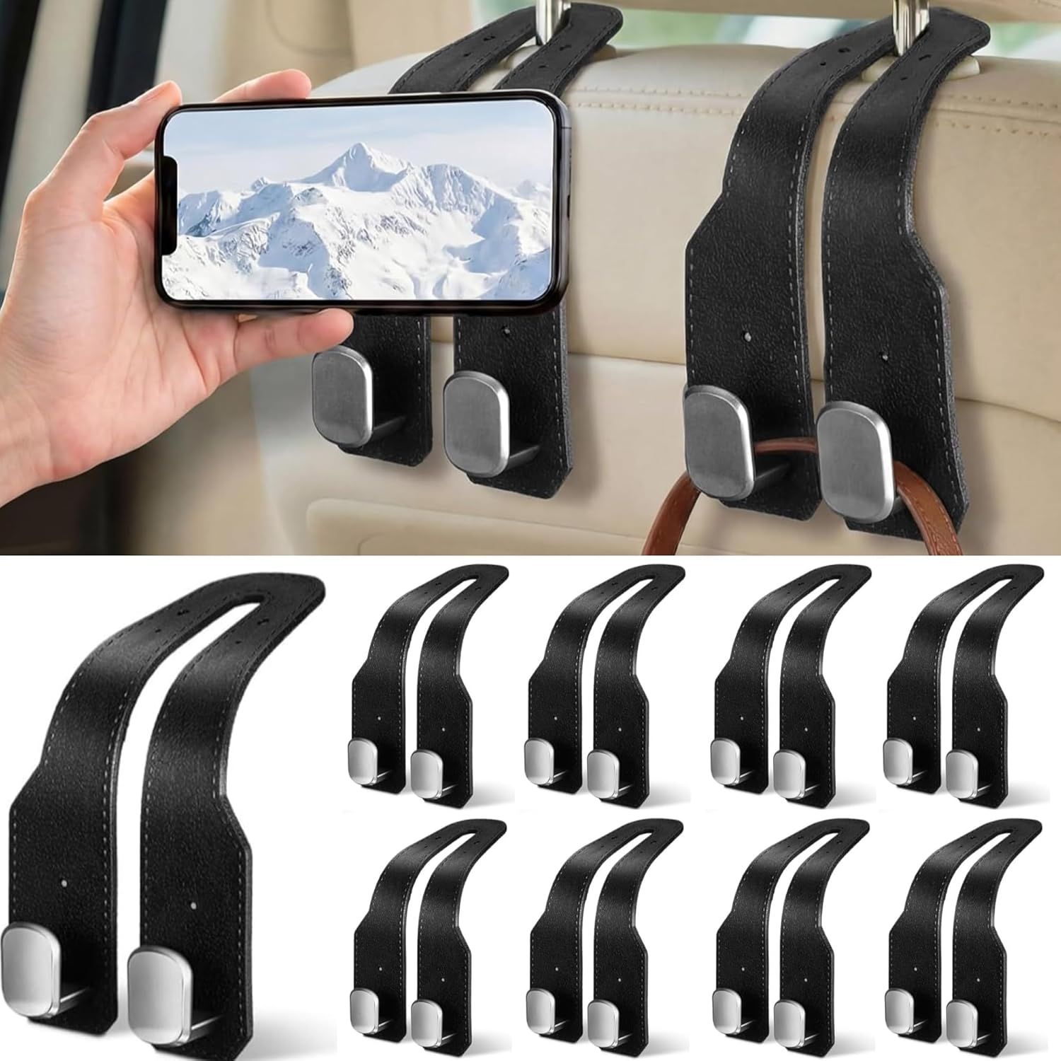 8 Pcs Car Headrest Hooks Purse Holder for Car Seat Headrest Universal Leather Bag Holder with Double Metal Hooks Seat Back Hanger for Handbags Grocery Bags Phones(Black) - Image 1