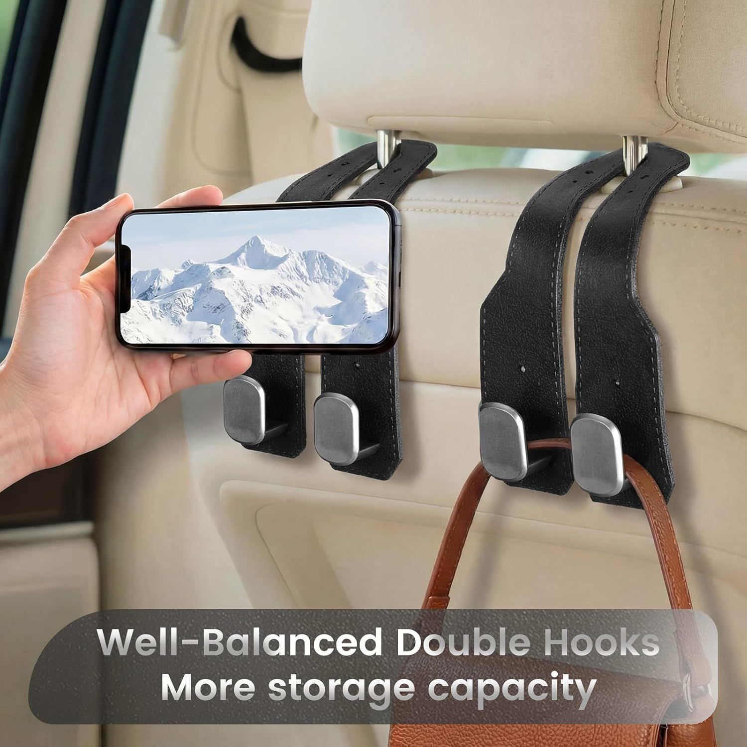 8 Pcs Car Headrest Hooks Purse Holder for Car Seat Headrest Universal Leather Bag Holder with Double Metal Hooks Seat Back Hanger for Handbags Grocery Bags Phones(Black) - Image 3
